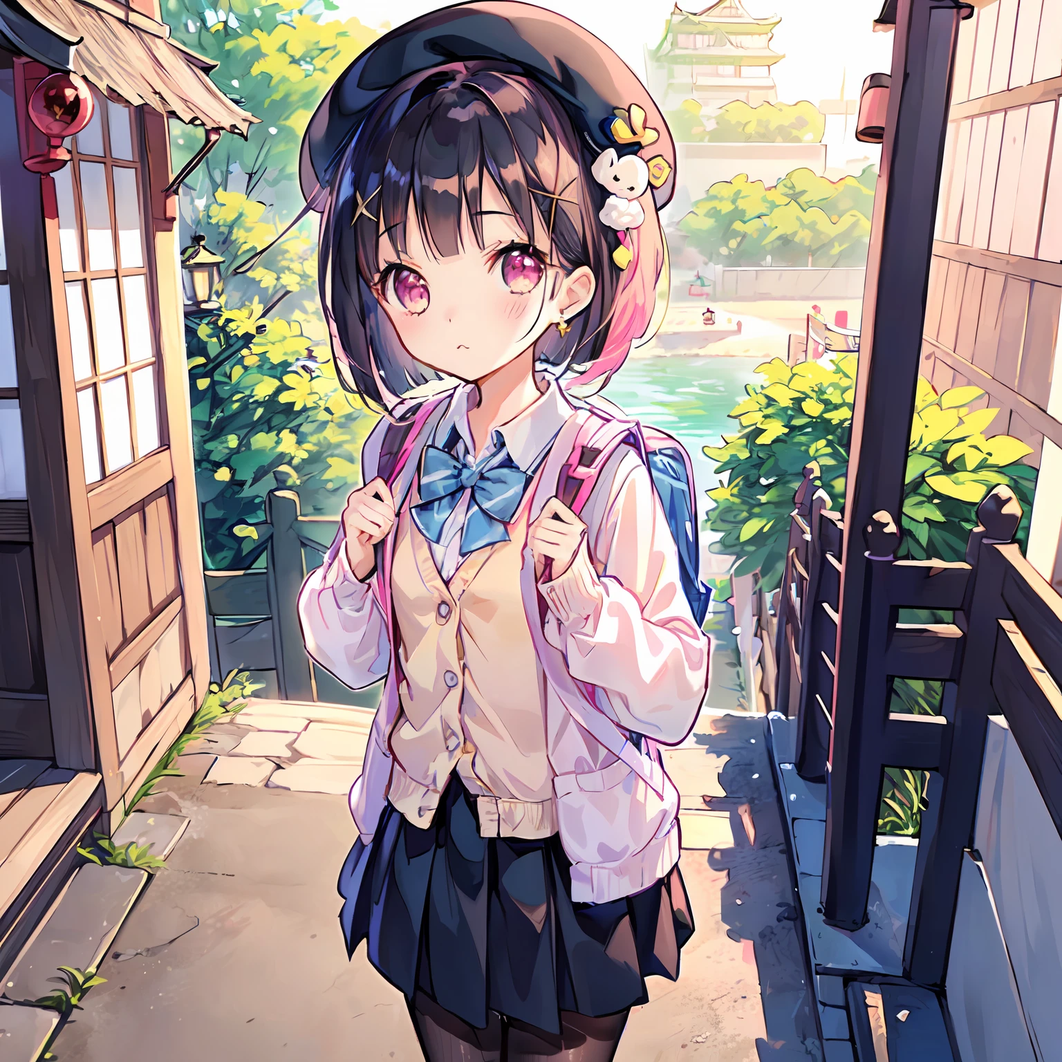 (Highly detailed CG Unity 8k wallpaper), (Best Quality), (Super Detail), (Best Illustration), (Best Shadow), POV, Realistic lighting and shading, Natural light, Lens flare effect, BREAK, 1 beautiful girl, Solo,(Cute:1.5),(Chibi:0.8), (kawaii:1.5),(Lori:0.5), BREAK, ((girl, Cute, Cheerful, face, slightly bulging chest,(A dark-haired,Disheveled short bob,tareme:1.2), gleaming skin, Stuffed rabbit,BREAK,(rucksack:1.2), (white shirt,Pink cardigan, :1.2), (White rabbit ear headband:1.0), (Black sneakers:1.0), (jewely, brooches,star-shaped earring:1.1), (beret, X Hair ornament:1.3), (vertical-striped skirt, Striped pantyhose:1.1), (:c),BREAK,(Osaka,Background of Osaka Castle:1.3), (early morning,appointment:1.3),(outside of house:1.5),
