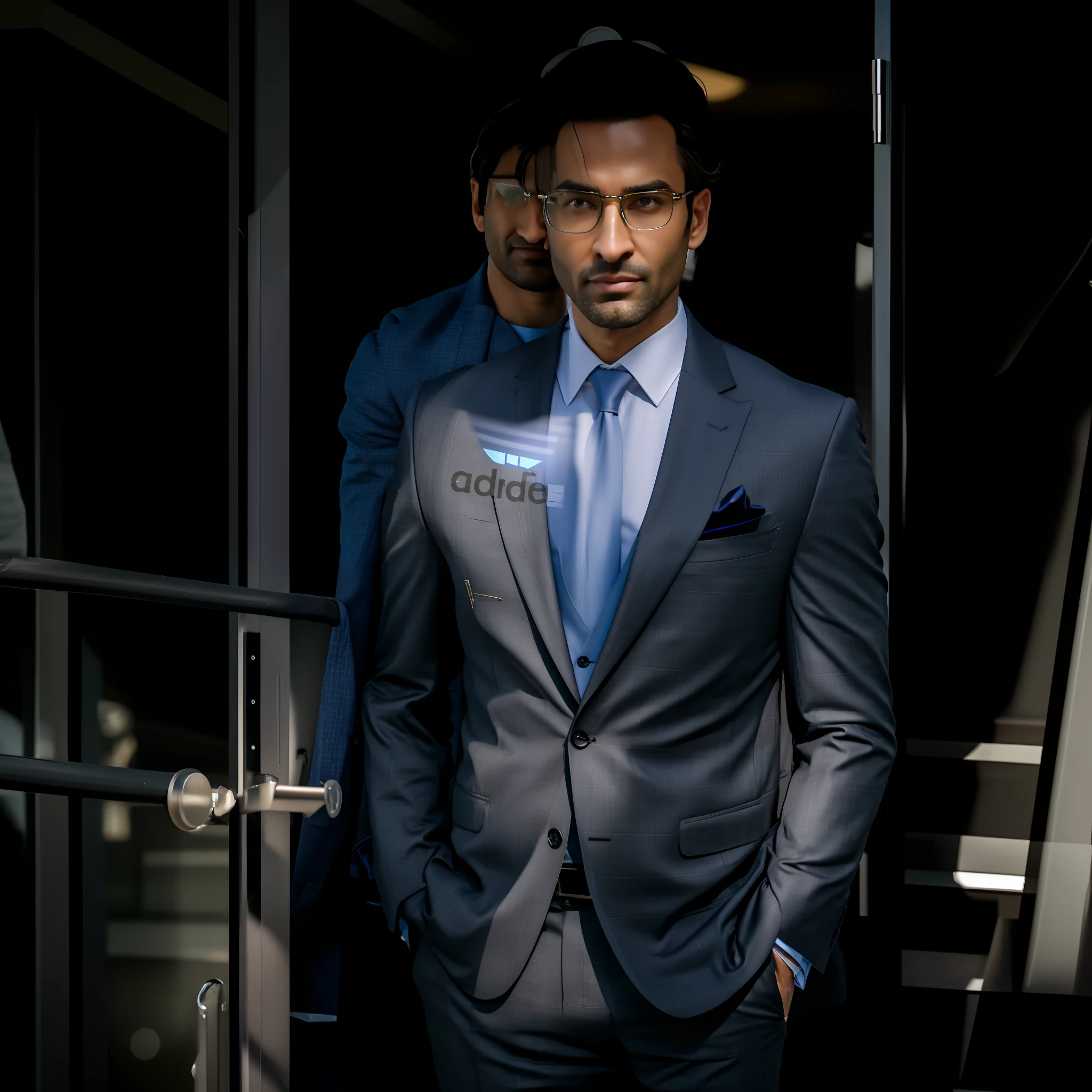 arafed man in a suit and tie standing in a doorway, wearing a suit and glasses, in suit with black glasses, wearing a strict business suit, handsome and elegant, wearing business suit, handsome man, wearing a business suit, wearing a stylish men's suit, in strict suit, stylish suit, with a business suit on, wearing dark grey suit, intricate suit