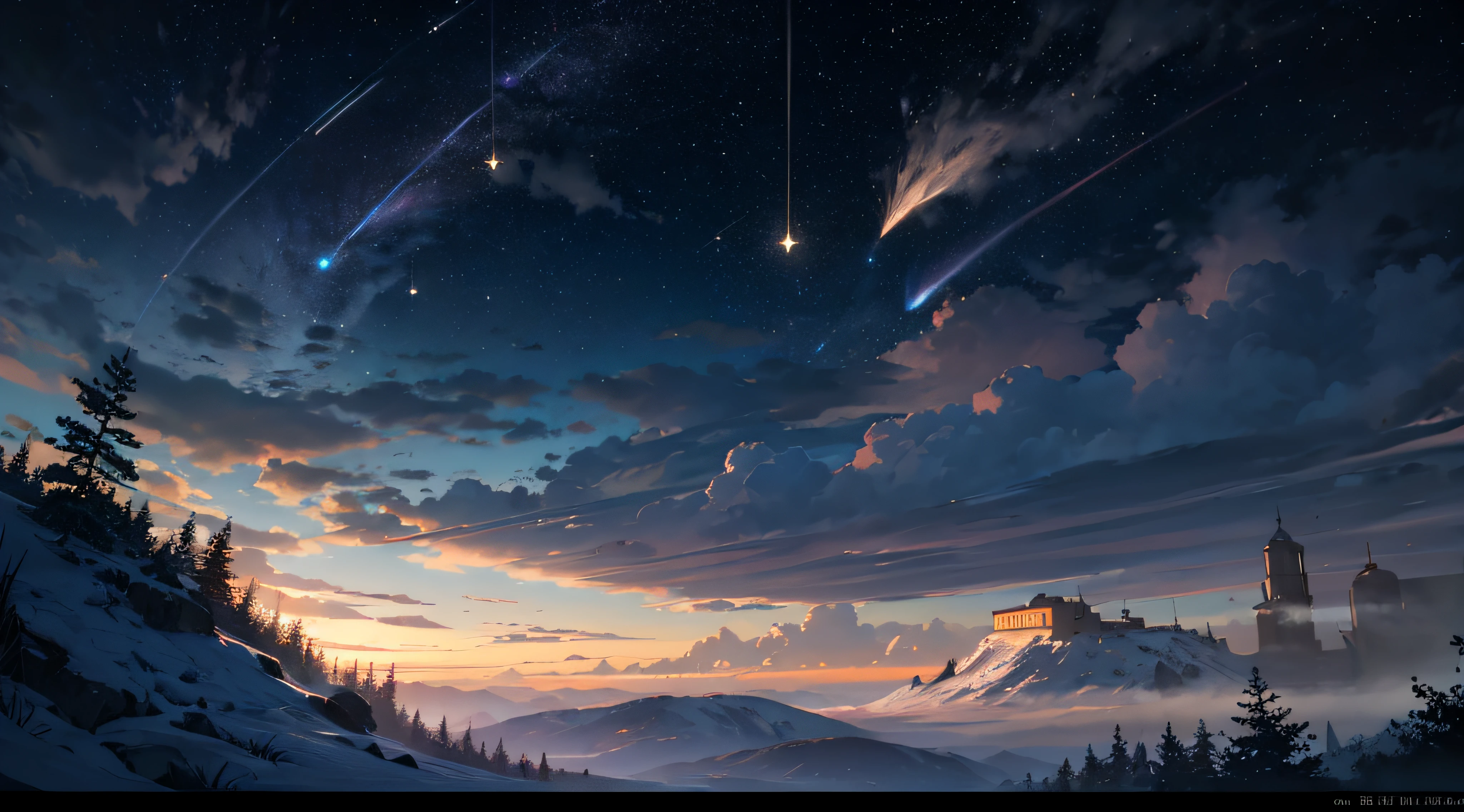 Expansive landscape photograph,(moon full:1.2),(meteors:0.9),(Starcloud:1.3),(Warm light source:1.2),(glowworm:1.2),lamp lights,Lots of purple and orange,Complicated details,Volumetriclighting,Realism BREAK(tmasterpiece:1.2),(best qualtiy),8K,Ultra-detailed,(dynamic compositions:1.4),The is very detailed,Colorful details,(Irridescent color:1.2),(luminouslighting,Atmospheric lighting),dream magical,magical,(独奏:1.2),((best qualtiy)), ((tmasterpiece)), (the detail:1.4),depth of fields,maximum definition and sharpness,perfectly proportions,Fluttering clouds,Wallpapers