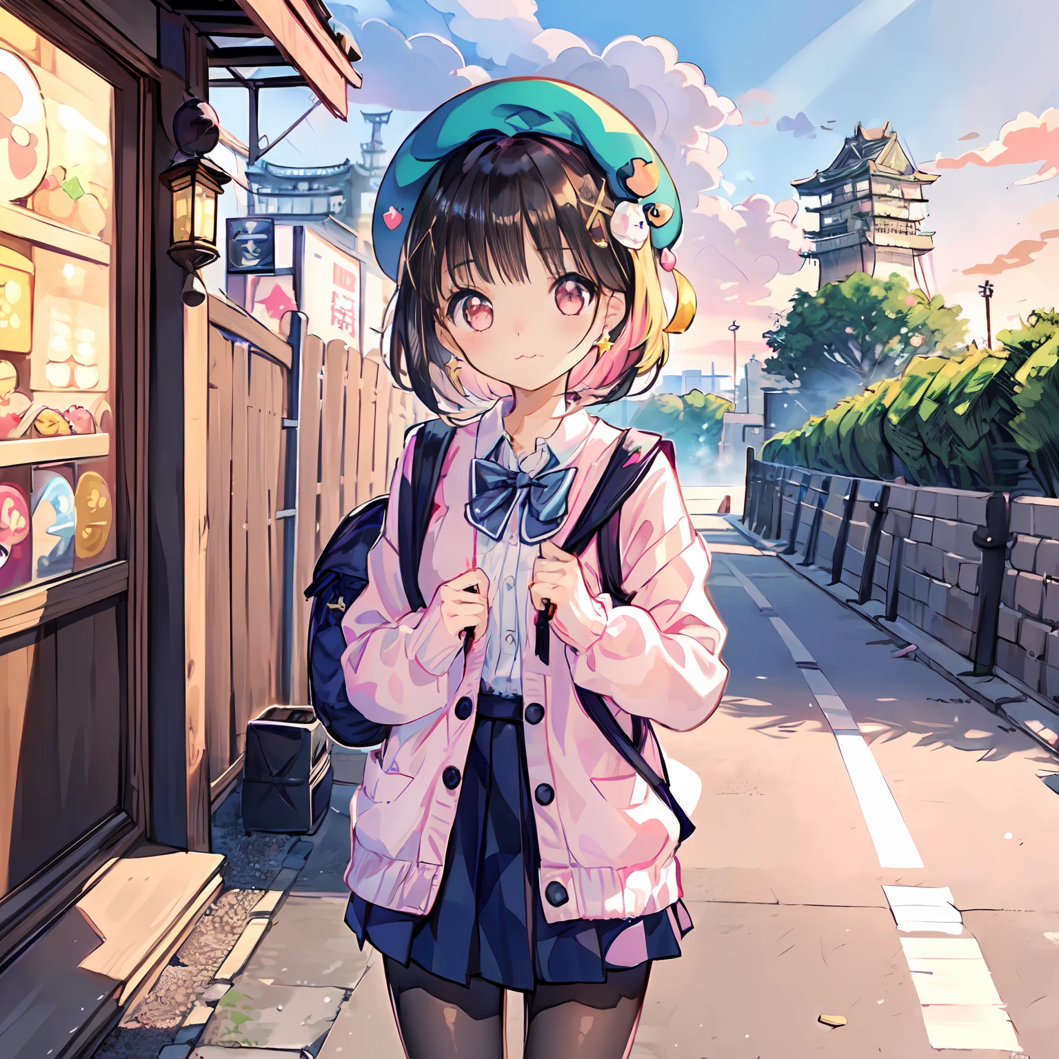 (Highly detailed CG Unity 8k wallpaper), (Best Quality), (Super Detail), (Best Illustration), (Best Shadow), POV, Realistic lighting and shading, Natural light, Lens flare effect, BREAK, 1 beautiful girl, Solo,(Cute:1.5),(Chibi:0.8), (kawaii:1.5),(Lori:0.5), BREAK, ((girl, Cute, Cheerful, Loli face, slightly bulging chest,(A dark-haired,Disheveled short bob,tareme:1.2), gleaming skin, Stuffed rabbit,BREAK,(rucksack:1.2), (white  shirt,Pink cardigan, :1.2), (White rabbit ear headband:1.0), (Black sneakers:1.0), (jewely, brooches,star-shaped earring:1.1), (beret, X Hair ornament:1.3), (vertical-striped skirt, Striped pantyhose:1.1), (:c),BREAK,(Osaka,Background of Osaka Castle:1.3), (early morning,appointment:1.3),(outside of house:1.5),