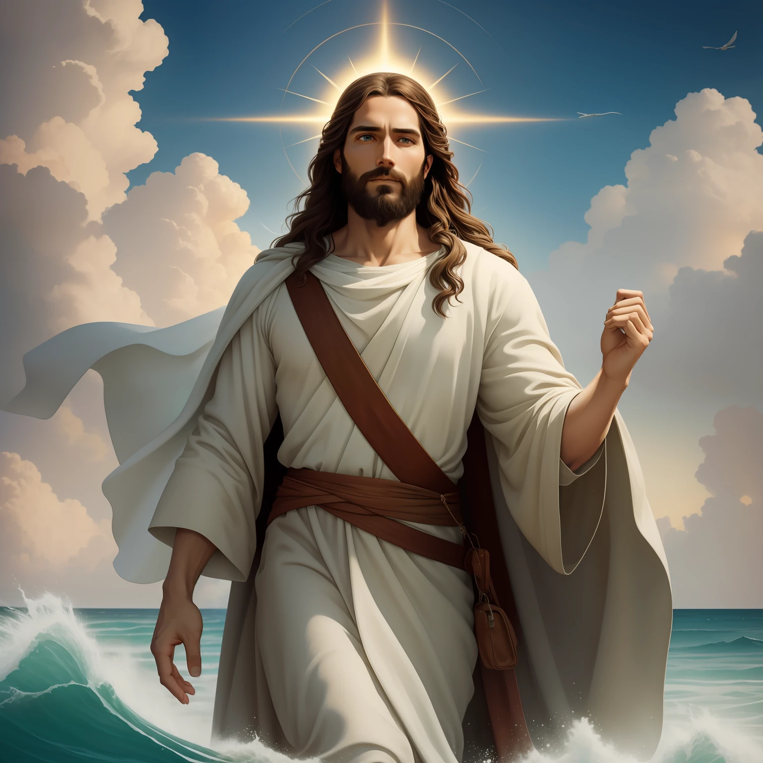 A beautiful ultra-thin realistic portrait of Jesus, the prophet, a man 35 years old Hebrew brunette, short brown hair, long brown beard, with, Helping People , wearing long linen tunic closed on the chest part, in front view, full body, biblical, realistic,by Diego Velázquez,Peter Paul Rubens,Rembrandt,Alex Ross,8k, Concept Art, PhotoRealistic, Realistic,  Illustration, Oil Painting, Surrealism, HyperRealistic, helping people , Digital art, style, watercolorReal Jesus flying on sky with a flying cloud in the background, Jesus walking on water, biblical illustration, epic biblical representation, forcing him to flee, coming out of the ocean, ! holding in hand!, disembarking, god of the ocean, beautiful representation, 8k 3D Model, realistic,
a 3D Realistic of jesus with a halo in the sky, jesus christ, smiling in heaven, portrait of jesus christ, jesus face, 35 young almighty god, portrait of a heavenly god, greg olsen, gigachad jesus, jesus of nazareth, jesus, the face of god, god looking at me, he is greeting you warmly, he is happy, avatar image