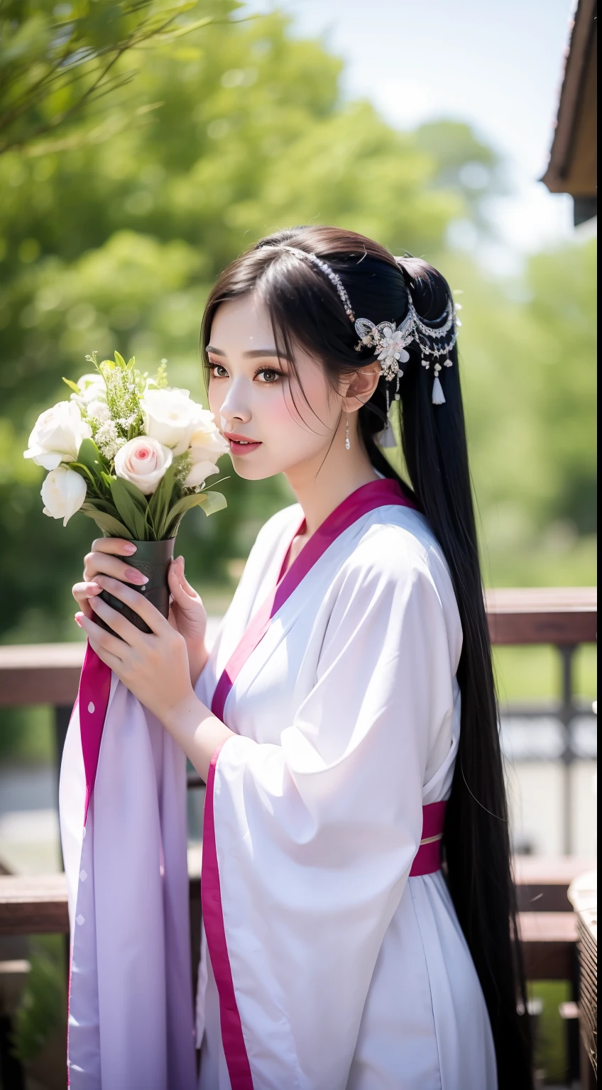 Fashion model 16 years old [[[[closeup cleavage]]]], [[[[boobgasm]]]], [[[[coll]]]], [[[[bshoulders]]]], perfect  eyes, Perfect iris，perfect lips，perfect teeth，Perfect skin，Long face，Soft front light，HDR，filmgirl，Xianxia costume，Chivalry，Fluttering like a fairy，lanterns，Background with bouquet，（pastel colour：1.2）