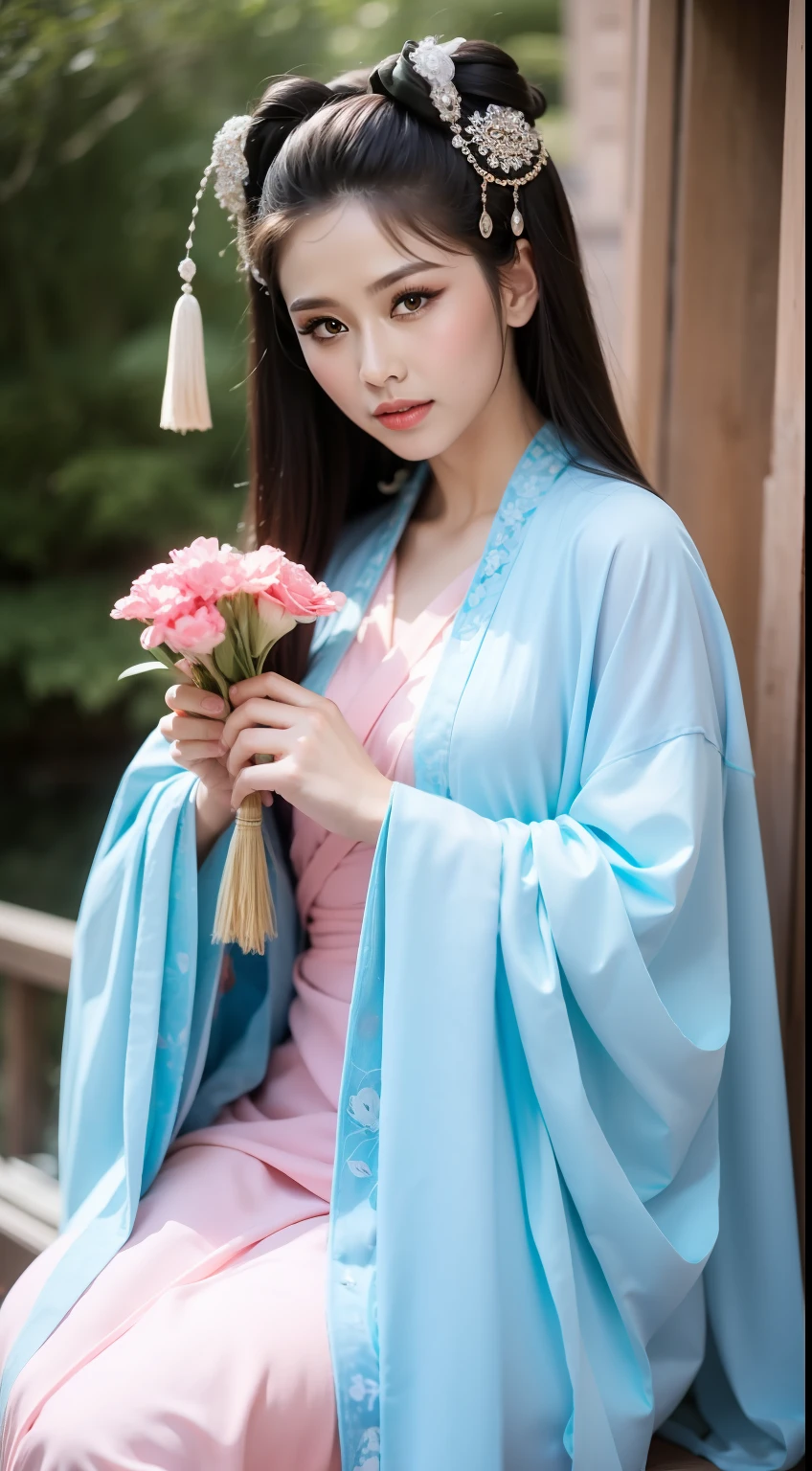 Fashion model  [[[[closeup cleavage]]]], [[[[boobgasm]]]], [[[[coll]]]], [[[[bshoulders]]]], perfect  eyes, Perfect iris，perfect lips，perfect teeth，Perfect skin，Long face，Soft front light，HDR，filmgirl，Xianxia costume，Chivalry，Fluttering like a fairy，lanterns，Background with bouquet，（pastel colour：1.2）