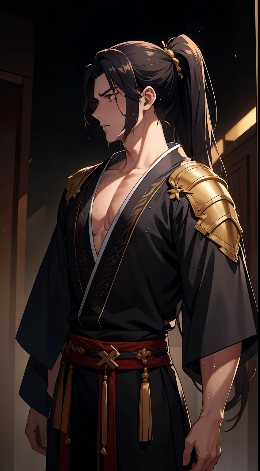 quadratic element,style of anime,mtu(Male Warrior),musculature,The proportions are correct,Face details,swordsmen,High ponytail hairstyle,perspired,Sweat on the face,drools,Neck details,There is an Adam's apple,Get wet,Drenched,Black Hanfu,kaftan,Embroidered robes,Black robe,clothes details,Handing over,longer sleeves,Game quality,Swordsmanship,Light and shadow tracking,Ray traching,detailed glow,cg render,hair detail,cabelos preto e longos,Golden eyes,Sweat on the face,Handsome,Handsome,Beads of sweat slipped down my neck,(juvenile sense),Clothing is complicated,Drenched,Get wet,Perfectcomposition,Refinement,high qulity,higher details,Lots of details,The background is complex,a sense of atmosphere,