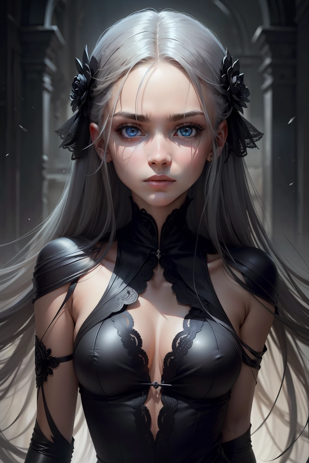 ma remarkable looking human girl, com cabelos negros como o breu, lisos ou levemente ondulados, que caem graciosamente sobre seus ombros. His eyes are the same dark hue, Deep and enigmatic, conveying his determination and mystery. Your skin is pale, destacando o contraste entre seus cabelos escuros e seus olhos expressivos. His presence is striking and magnetic, revealing an intriguing blend of inner strength and an aura of melancholy and mystery