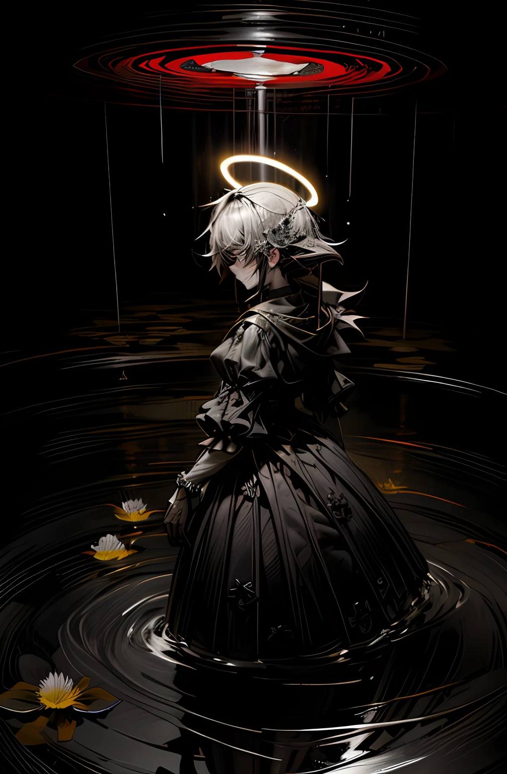 Dark water， Reflectors，，Gothic ta skirt，Overhead halo，battlefiled，In the background is a hillock made of skeletons，Inserted cold weapons，Reflection on the surface of the water，The background is grand，Dark clouds shine through the light，Blood flowed from the ground，Kelsang flowers
