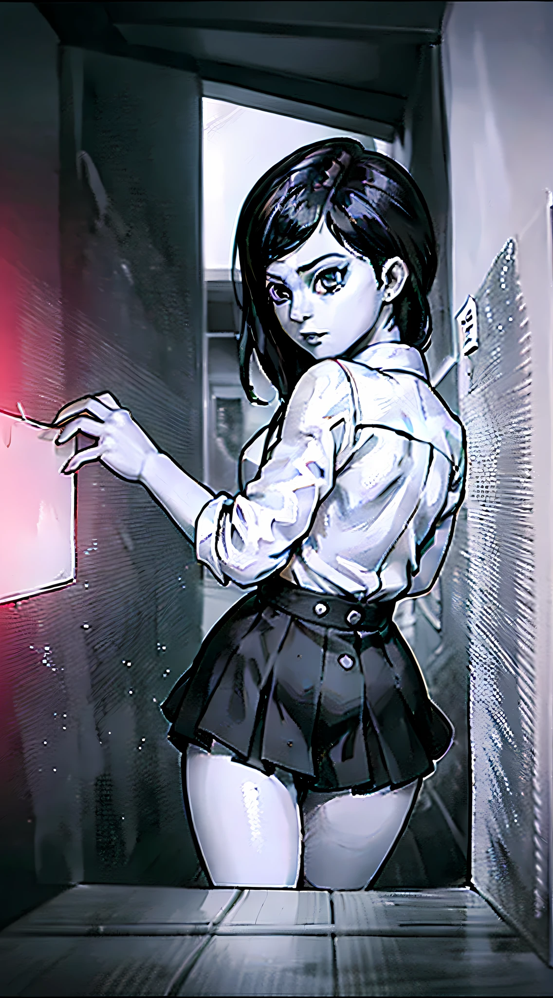 A masterpiece，A mix of Junji Ito style and Hero Asano style，horror manga，（（Full body image of woman with short black hair pushing open the door，run away））， 校服， white  shirt， pleatedskirt， ribbons， mini-skirts，Bigchest，The details are complex，Adopt a black and white comic book style，Full of chaos，Incorporated into the manga and anime style of the 1980s，Fantastic effects，Transparency processing，Frightened eyes，Frightened expressions，Short hairstyle，It shows the charm of women and a lively and lively image，Renders broken images， looking at viewert， female focus， Mono Color， escala cinza， the dark forest， Dark theme，