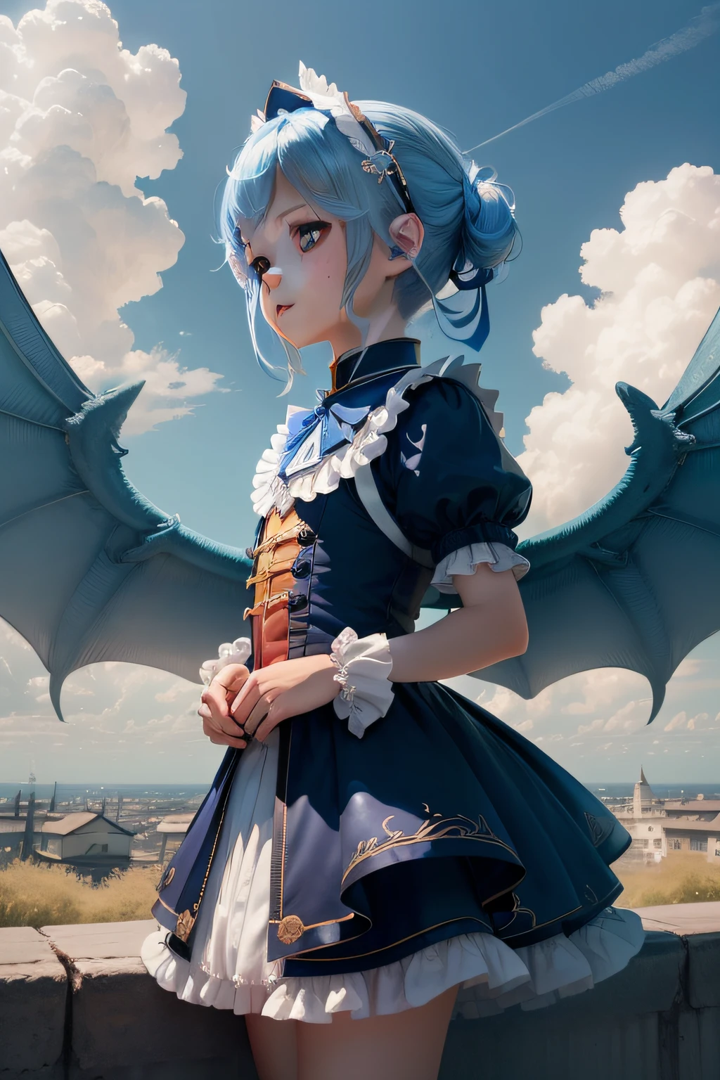 1boy,(8k,Best Picture Quality,tmasterpiece:1.4),final fantasy,(fantasy),(lamplight),feater,clouds,Huge wings,Juvenile loli,Pretty beautiful,Klein blue and Chinese red Lolita try on clothes