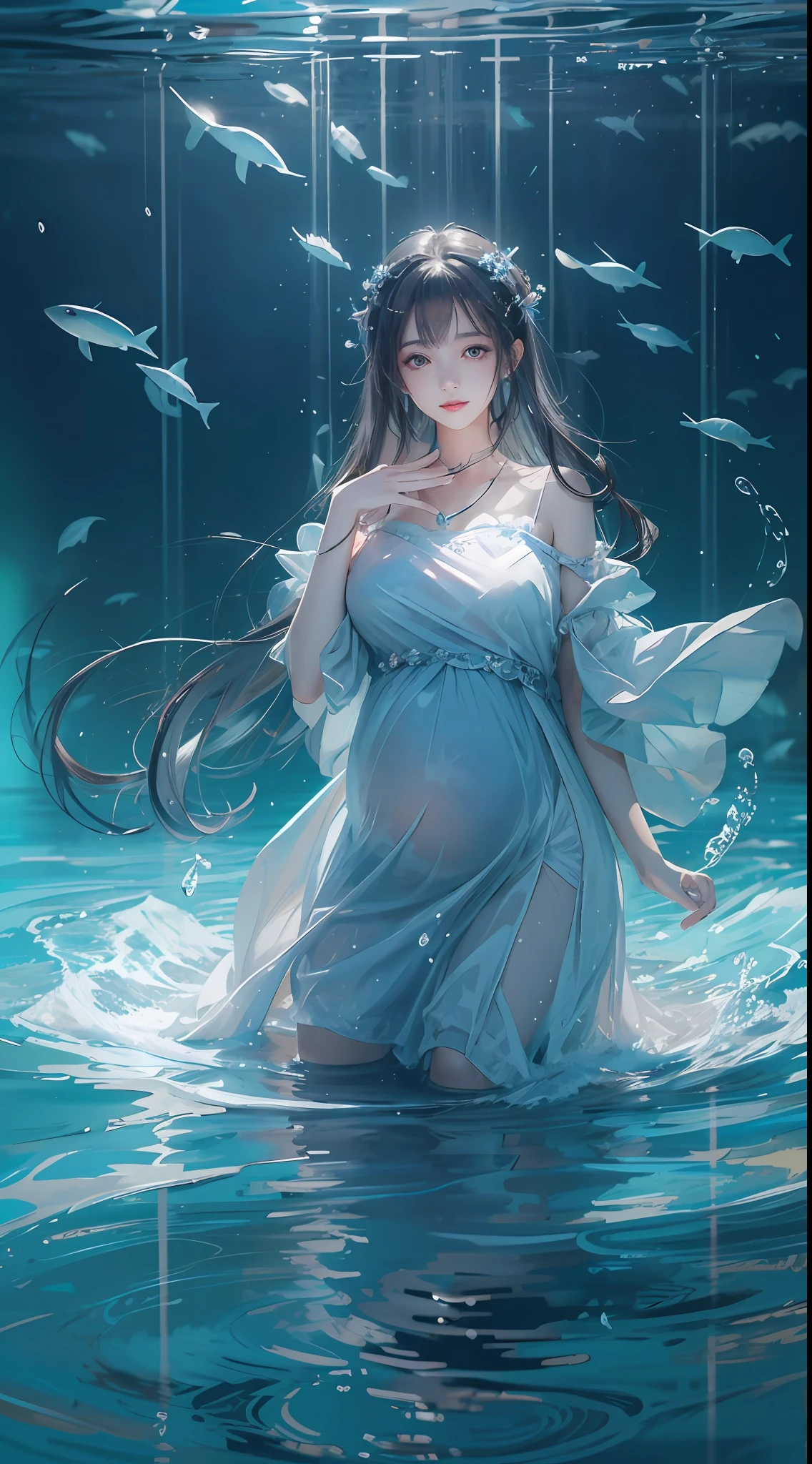 best qualtiy,tmasterpiece,超高分辨率,(真实感:1.4),RAW photogr,cold light,A woman in a white dress under the water,Full body photo,wallpaper anime blue water,Guviz-style artwork,closeup fantasy with water magic,by Yang J,Guviz,a beautiful artwork illustration,Water Nymphs,beautiful digital artworks,beautiful digital illustration,Li Song,a beautiful anime portrait,Art style in Beauvot,pregnant belly, One-piece tights, cabelos preto e longos, Large breasts, Raised sexy, Charming eyes, ssmile, style of anime, 8k, super detail, of the highest qualityPregnant belly, maternity attire for pregnant women,maternity dress,pregnant belly,Pregnant belly
