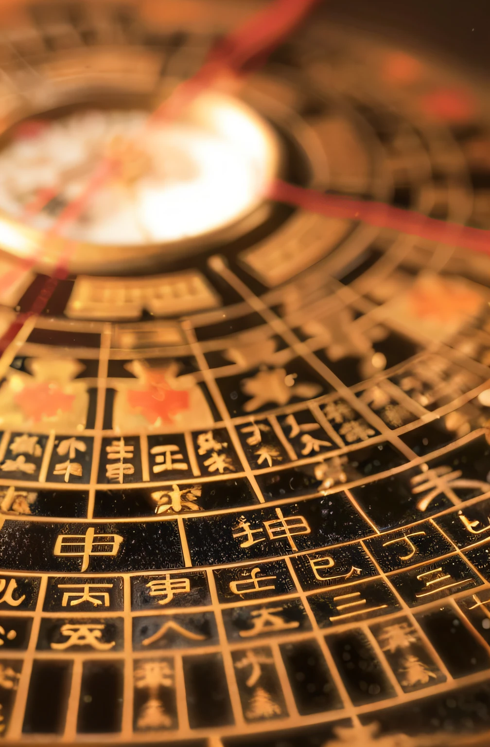 Close-up of Chinese calendar with golden clock face, close up shot of an amulet, golden chinese text, traditional chinese textures, Chinese traditional, with ancient chinese aesthetic, ancient chinese ornate, Chinese text, feng shui, Chinese tradition, asian hyperdetailed, Chinese style, center focus on table, Complex macro close-up, ancient writing, Close-up Shot Shot，Tree Bright Ultra HD, retinas, Masterpiece, ccurate, Anatomically correct, Textured skin, Super detail, High details, High quality, Best quality, A high resolution, 8K, HD