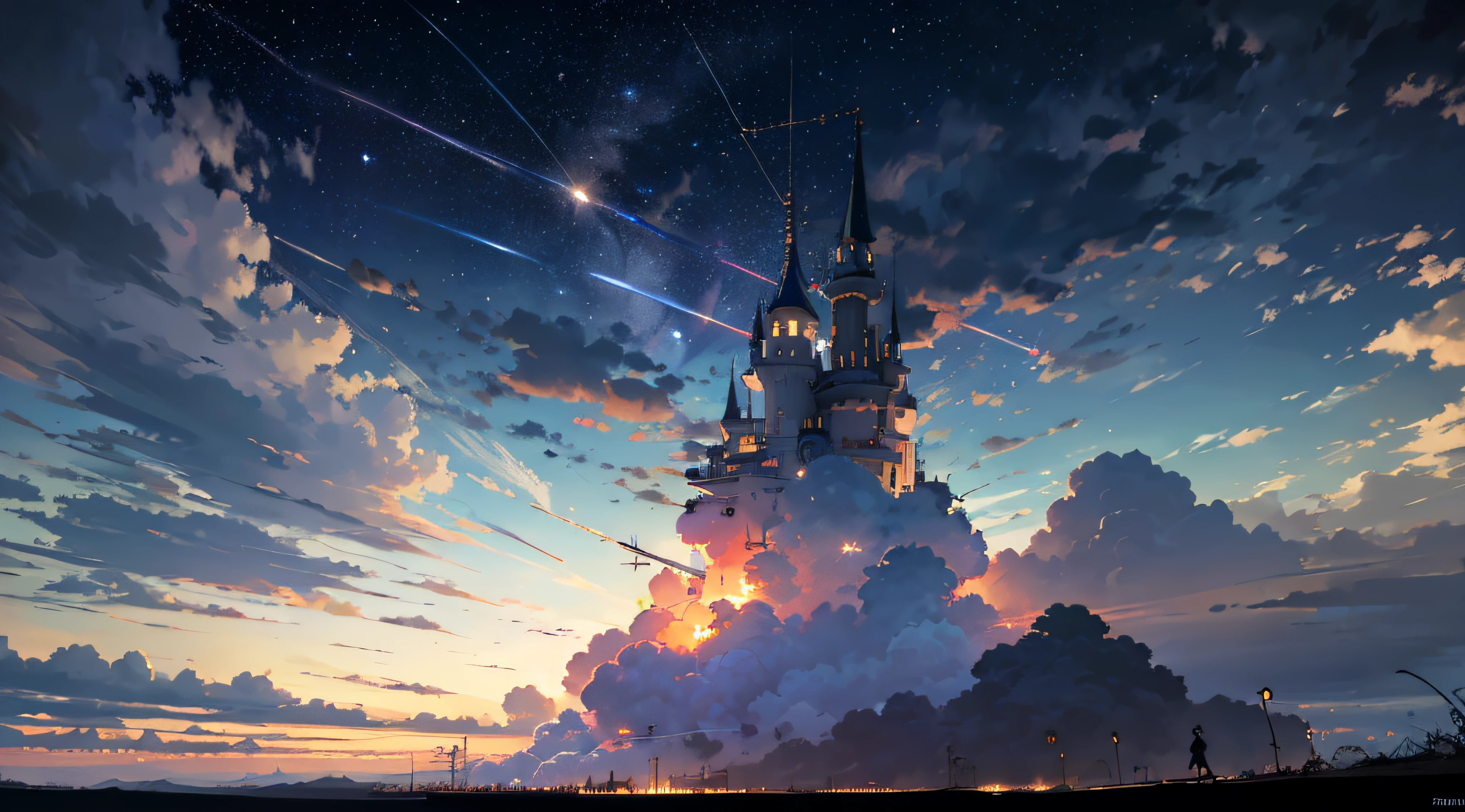 Expansive landscape photograph,(moon full:1.2),(meteors:0.9),(Starcloud:1.3),(Warm light source:1.2),(glowworm:1.2),lamp lights,Lots of purple and orange,Complicated details,Volumetriclighting,Realism BREAK(tmasterpiece:1.2),(best qualtiy),8K,Ultra-detailed,(dynamic compositions:1.4),The is very detailed,Colorful details,(Irridescent color:1.2),(luminouslighting,Atmospheric lighting),dream magical,magical,(独奏:1.2),((best qualtiy)), ((tmasterpiece)), (the detail:1.4),depth of fields,maximum definition and sharpness,perfectly proportions,Fluttering clouds,Wallpapers