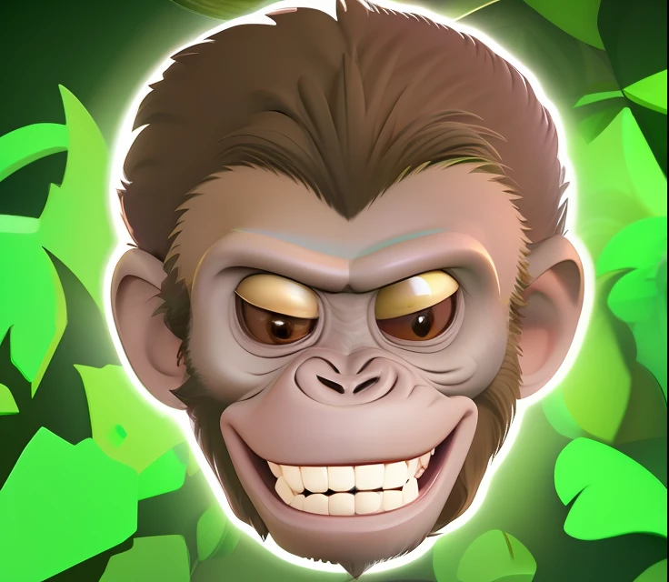 Cartoon monkey close up with green background, Monkey-like face, Bored Ape NFTs, varguyart style, humanoid monkey fantasy race,, Monkey, Humanoid with bared teeth, Boring apes, All teeth, Anxious smile, grinning evily, [[[[grinning evily]]]], subject= Chimpanzee、３D Digital Art、CG,