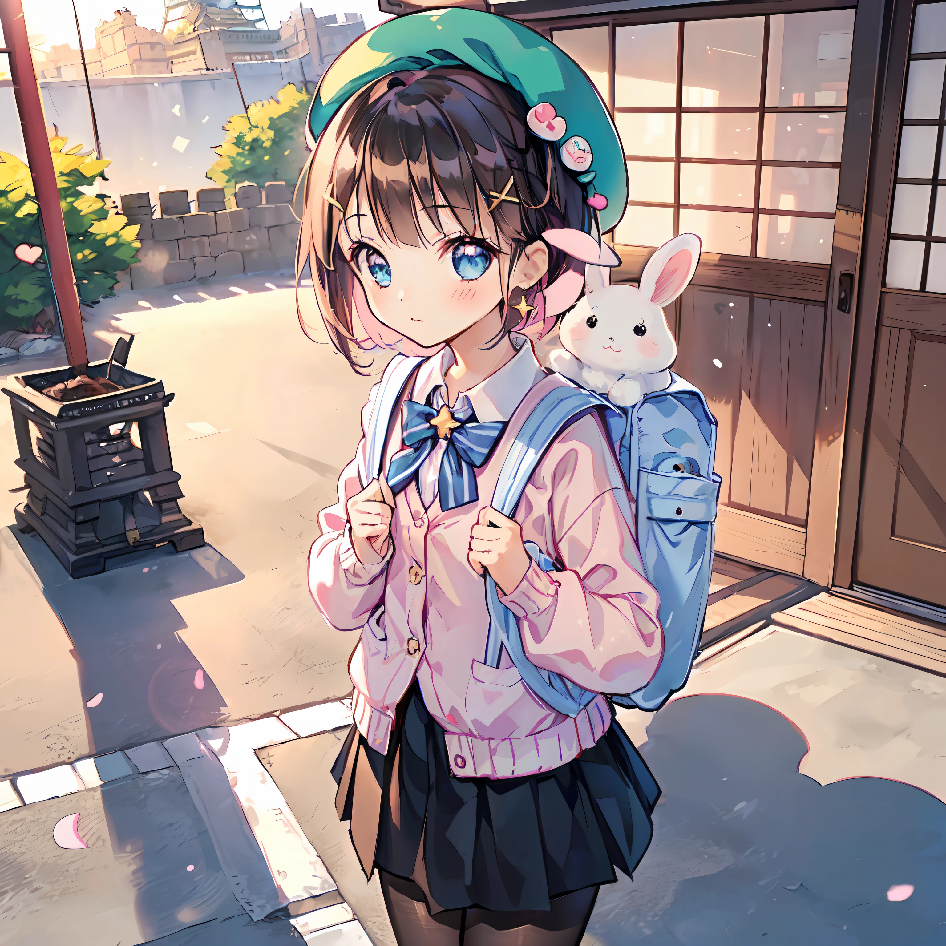 (Highly detailed CG Unity 8k wallpaper), (Best Quality), (Super Detail), (Best Illustration), (Best Shadow), POV, Realistic lighting and shading, Natural light, Lens flare effect, BREAK, 1 beautiful girl, Solo,(Cute:1.5),(Chibi:0.8), (kawaii:1.5),(Lori:0.5), BREAK, ((girl, Cute, Cheerful, Loli face, slightly bulging chest,(A dark-haired,Disheveled short bob,tareme:1.2), gleaming skin, Stuffed rabbit,BREAK,(rucksack:1.2), (white  shirt,Pink cardigan, :1.2), (White rabbit ear headband:1.0), (Black sneakers:1.0), (jewely, brooches,star-shaped earring:1.1), (beret, X Hair ornament:1.3), (vertical-striped skirt, Striped pantyhose:1.1), (:c),BREAK,(Osaka,Background of Osaka Castle:1.3), (early morning,appointment:1.3),(outside of house:1.5),