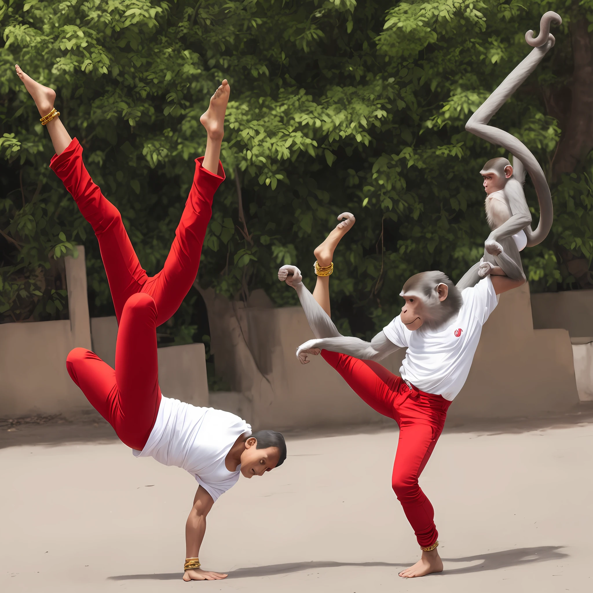 Monkey playing capoeira wearing red pants and anklet