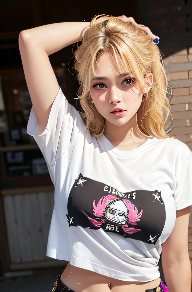 (1girl),large breasts, breasts, tan, dewy skin, sweaty skin, wavy blonde hair, punk tshirt, punk girl