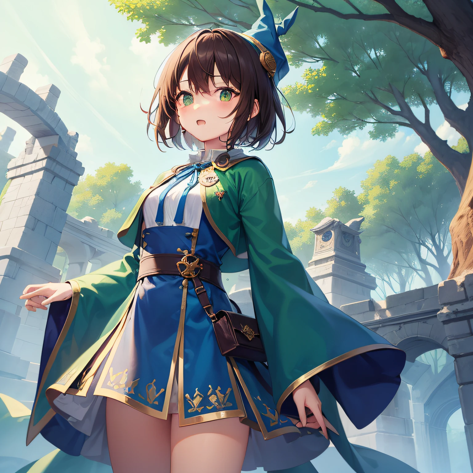 top-quality、extremely delicate and beautiful、((A teenage girl))、Green eyes、Small breasts、Short hair、Brown hair mixed in、Short hair、(Green Wizard Hat)、(a large blue ribbon on the head)Soio、Green clothing、long-sleeve、Red brooch on the neck、((Blue wizard robe dressed in green))、Standing