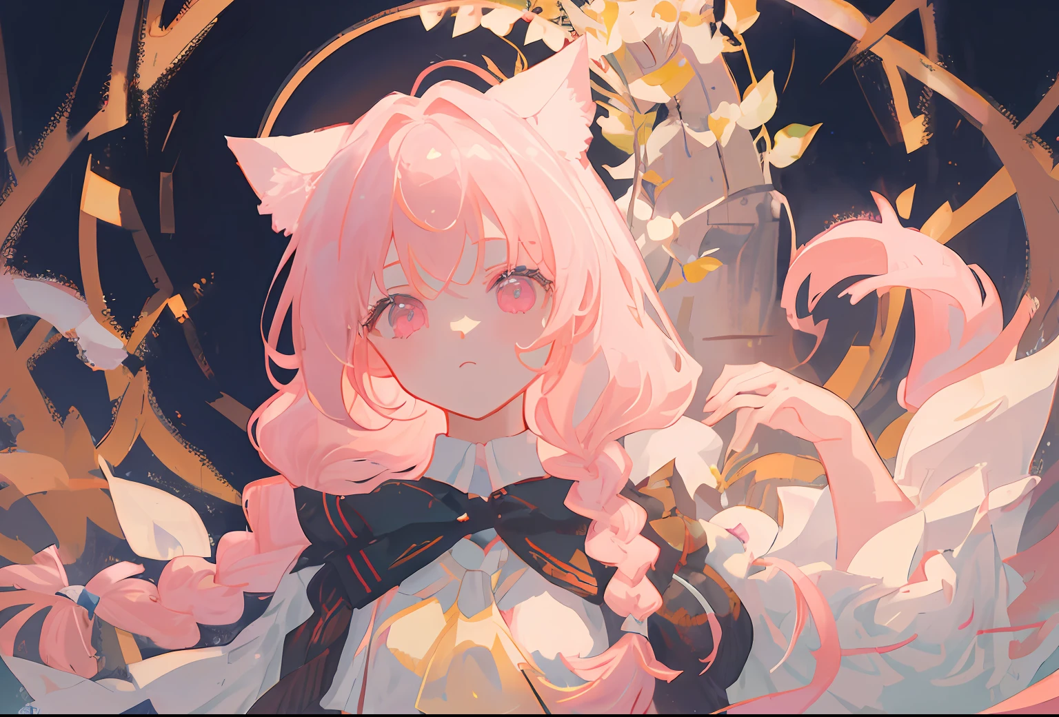 ​masterpiece, top-quality, ultra-detailliert, illustratio,(1girl)、beatiful detailed eyes, White blouses, looking at the viewers, a closeup, (breasts focus), braid hair, full of shyness, Pink eyes, Cat's ears, barechested, nigh sky, stele,Akua Minato