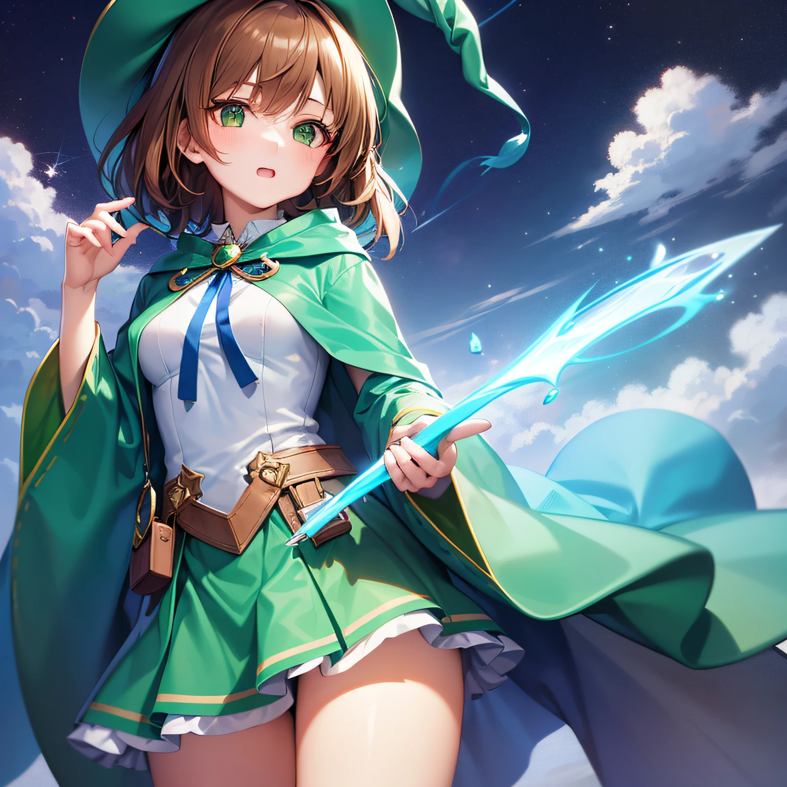 top-quality、extremely delicate and beautiful、((A teenage girl))、Green eyes、Small breasts、Short hair、Brown hair mixed in、Short hair、(Green Wizard Hat)、（a large blue ribbon on the head）Soio、Green clothing、long-sleeve、Red brooch on the neck、((Blue wizard robe dressed in green))、Standing