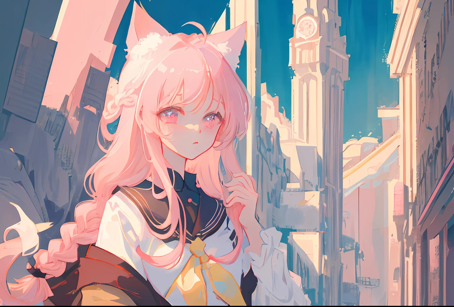 masterpiece, top-quality, ultra-detailliert, illustratio,(1girl)、beatiful detailed eyes, White blouses, looking at the viewers, a closeup, (breasts focus), braid hair, full of shyness, Pink eyes, Cat's ears, barechested, nigh sky, stele,Akua Minato