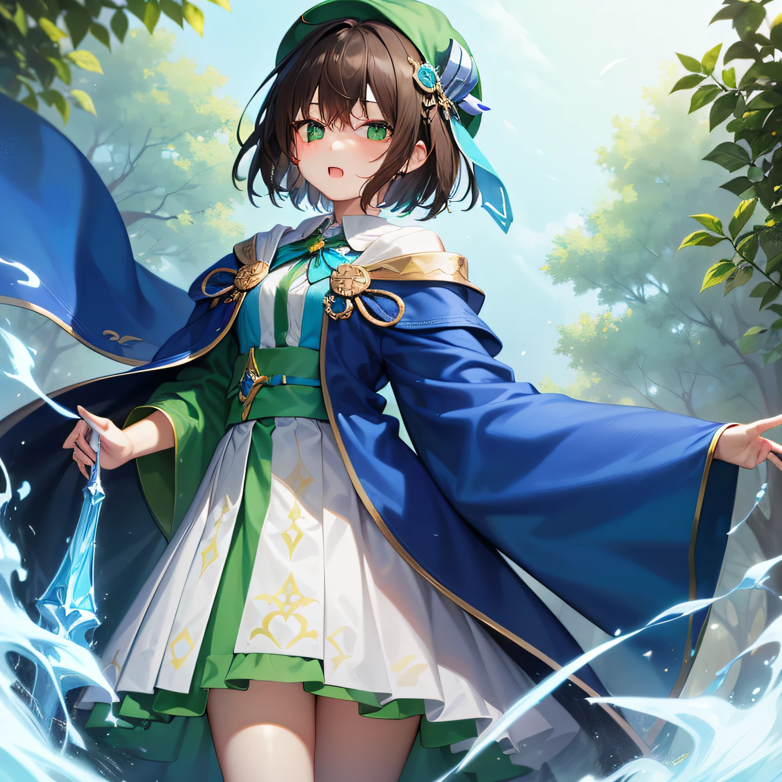 top-quality、extremely delicate and beautiful、((A teenage girl))、Green eyes、Small breasts、Short hair、Brown hair mixed in、Short hair、(Green Wizard Hat)、(He wears a large blue ribbon around his head.)Soio、Green clothing、long-sleeve、Red brooch on the neck、((Blue wizard robe dressed in green))、Standing