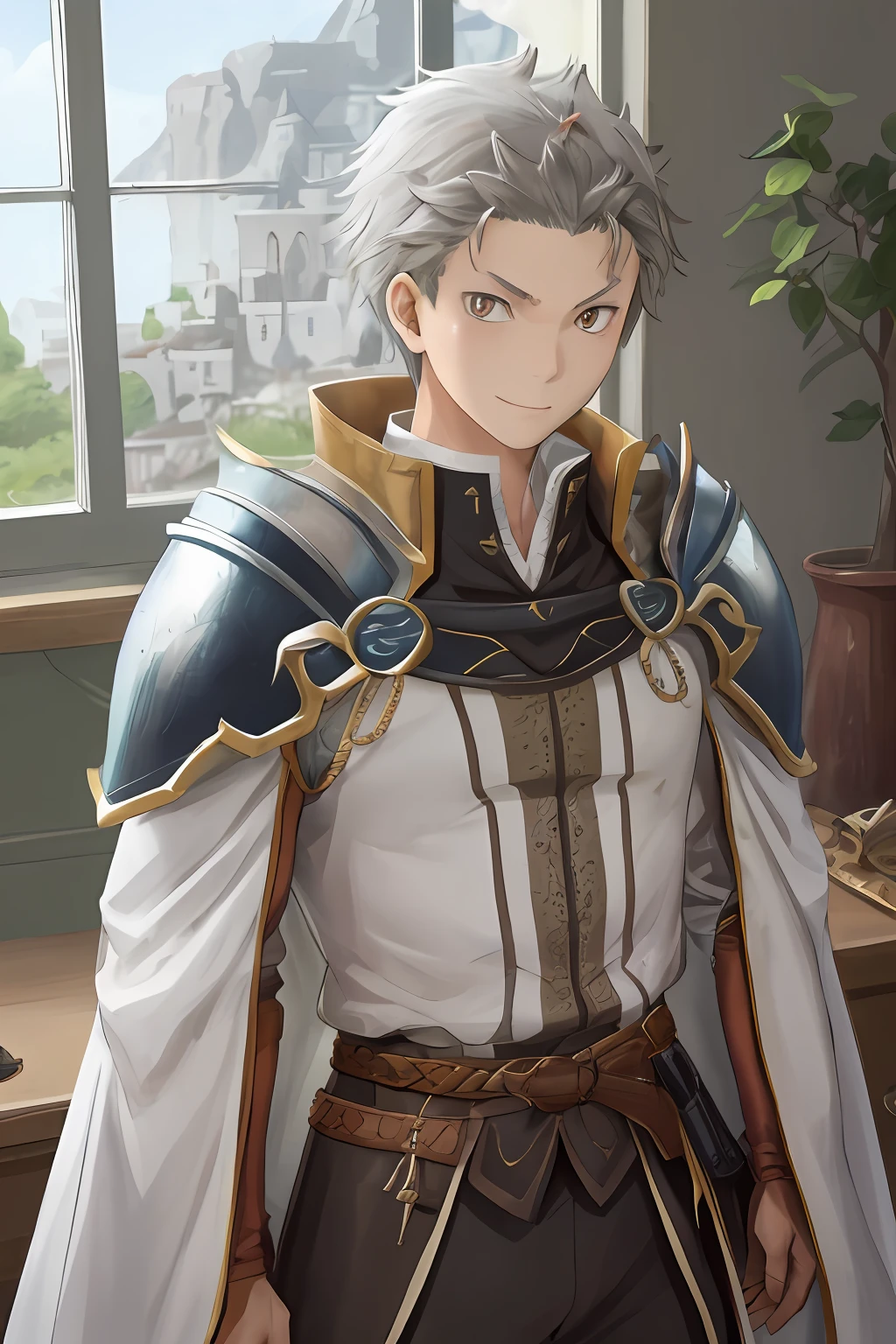 (1 Adult male),A high resolution, Sharp focus, Pixiv masterpiece, ((Complicated details)), highly detailed, natsuki_subaru, 1 man, ssmile,full bodyesbian, greene eyes(eyes glowing), with short white hair,Armour,cloaks,Shoulder armor,perspire,look from down