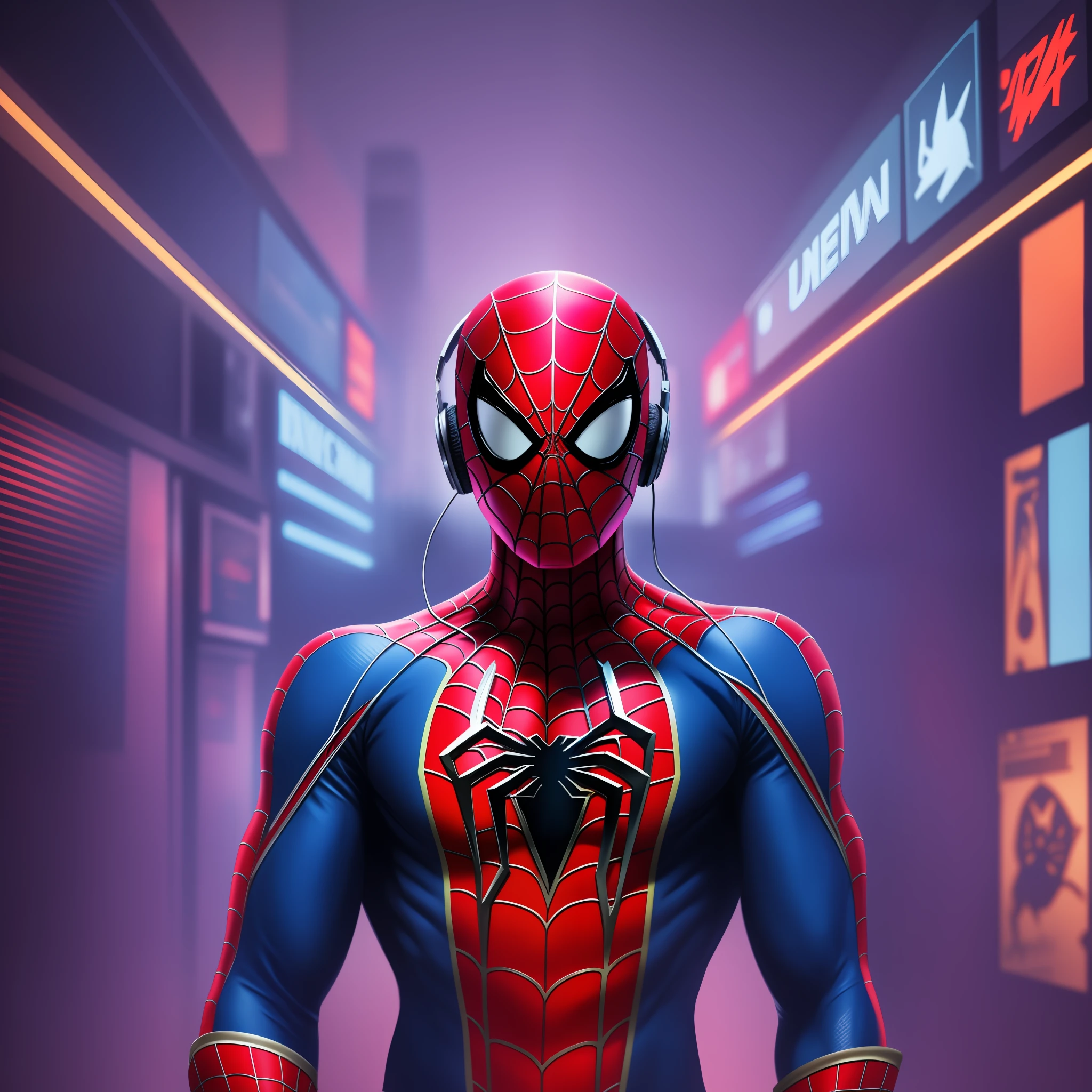 Spiderman listening music,neon background, cyberpunk,8k ultra hd,wallpaper