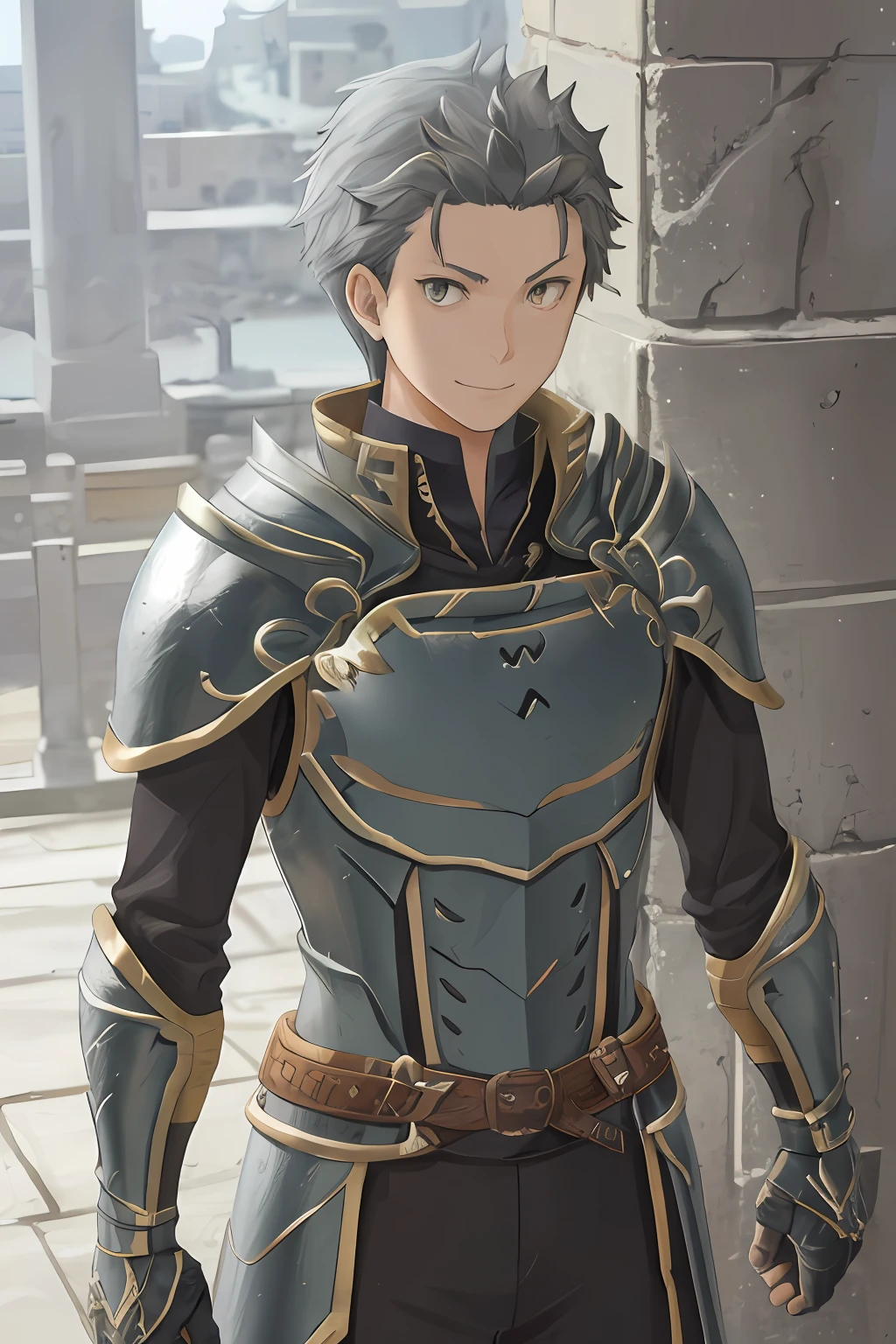 （1 Adult male），A high resolution， Sharp focus， Pixiv masterpiece， （（Complicated details））， highly  detailed， natsuki_subaru， 1 man， ssmile，full bodyesbian， greene eyes（eyes glowing）， with short white hair，Armour，cloaks，Shoulder armor，perspire，look from down