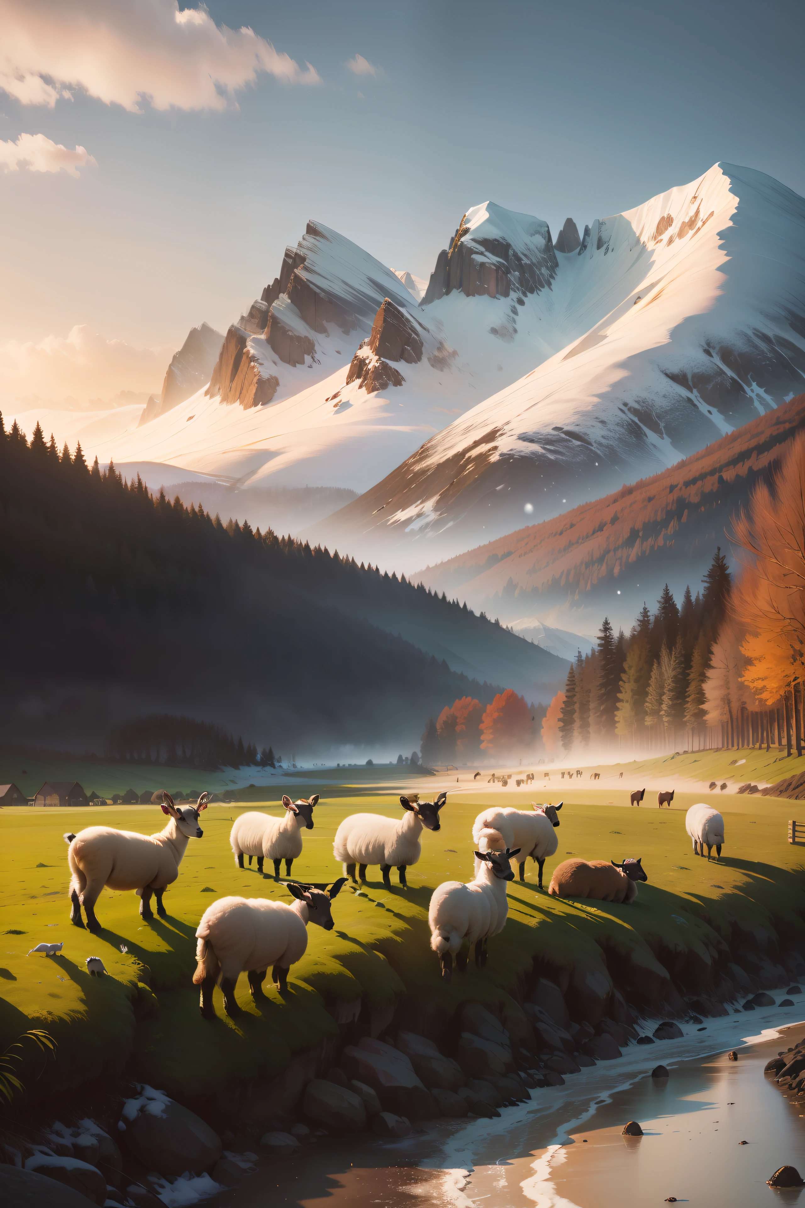 A large herd of regal red deers standing on a beach in English countryside looking away into the greenery in background, wide shot, subject : regal red deers, snowfall, snow covered mountains, rainbow in sky, England countryside landscape, overcast, candid photo, national geographic, cinematic, countryside, curious animals, English, sunset, beautiful landscape, vibrant sky, (((greenery))), (((wide shot))), wildlife, hyper realistic photo, 8k, high resolution, (((lambs))), clear faces, lamb fur, realistic