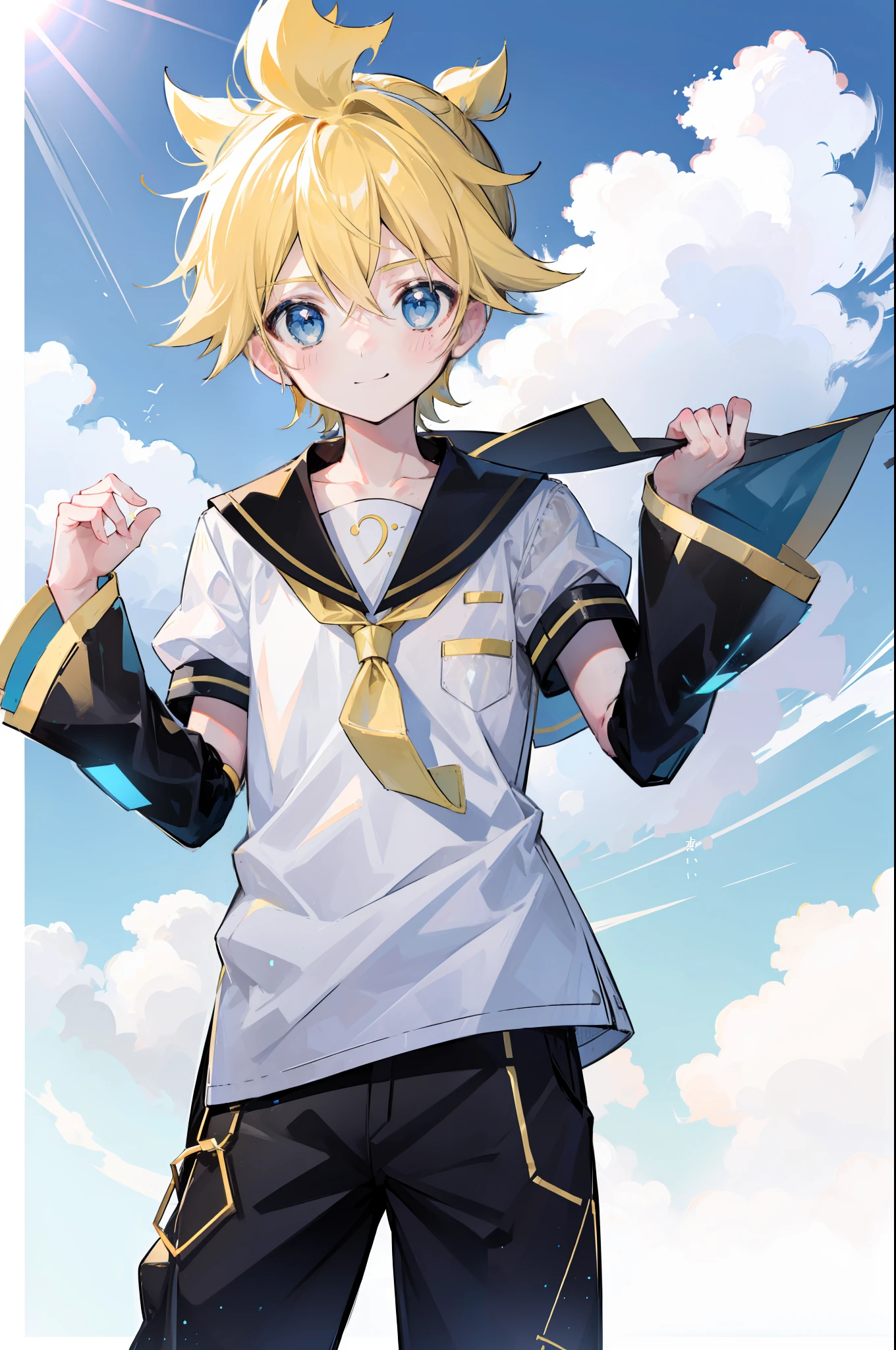 one boy, Len_Kagamine, pure, innocent, blush, sailor uniform, black short pants, outdoor, cowlick hair, cool, slender, handsome, character focus, smile, a little tanned skin, full body, mysterious, close to boy