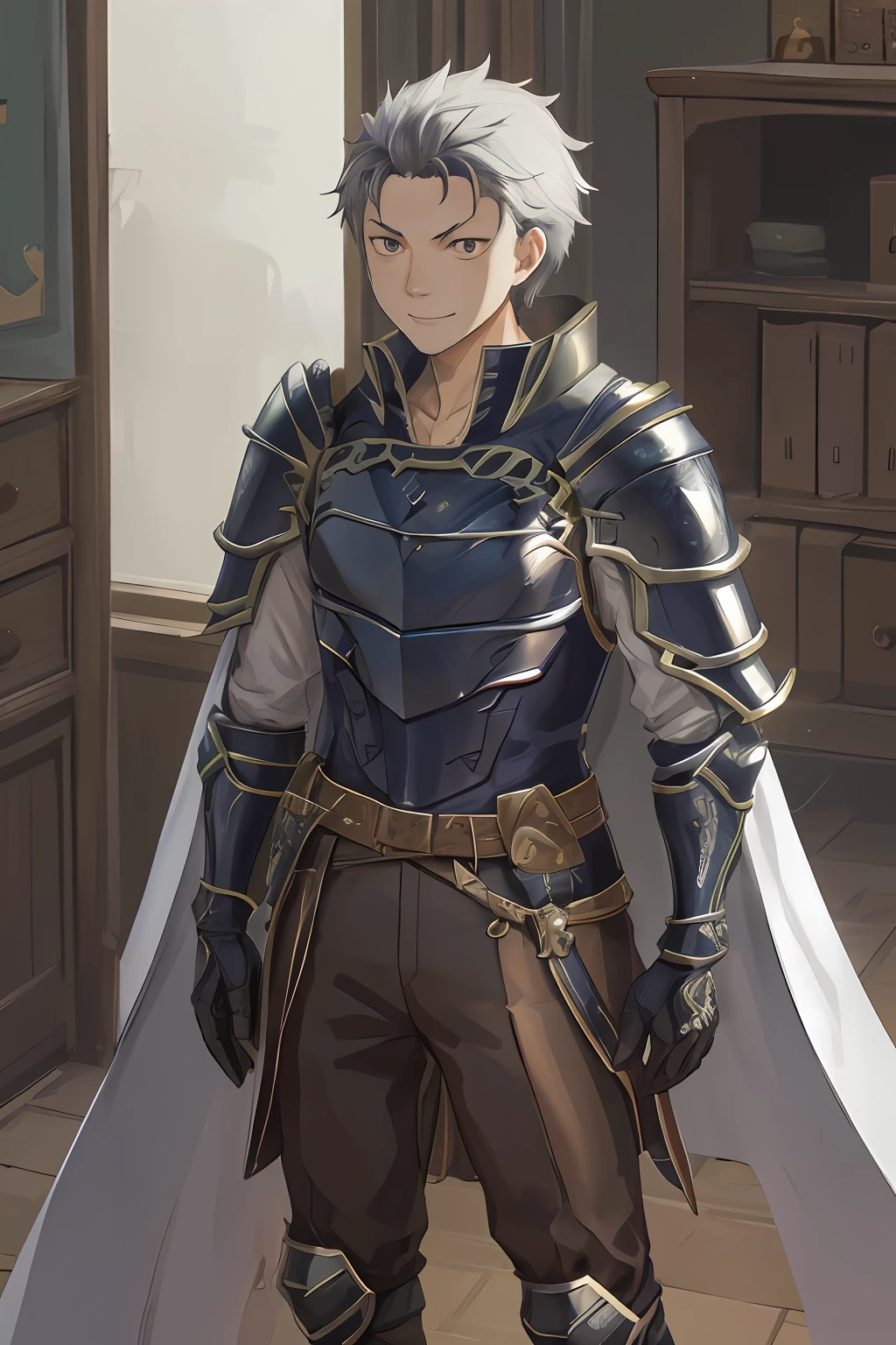 (1 Adult male),A high resolution, Sharp focus, Pixiv masterpiece, ((Complicated details)), highly detailed, natsuki_subaru, 1 man, ssmile,full bodyesbian, greene eyes(eyes glowing), with short white hair,Armour,cloaks,Shoulder armor,perspire,look from down