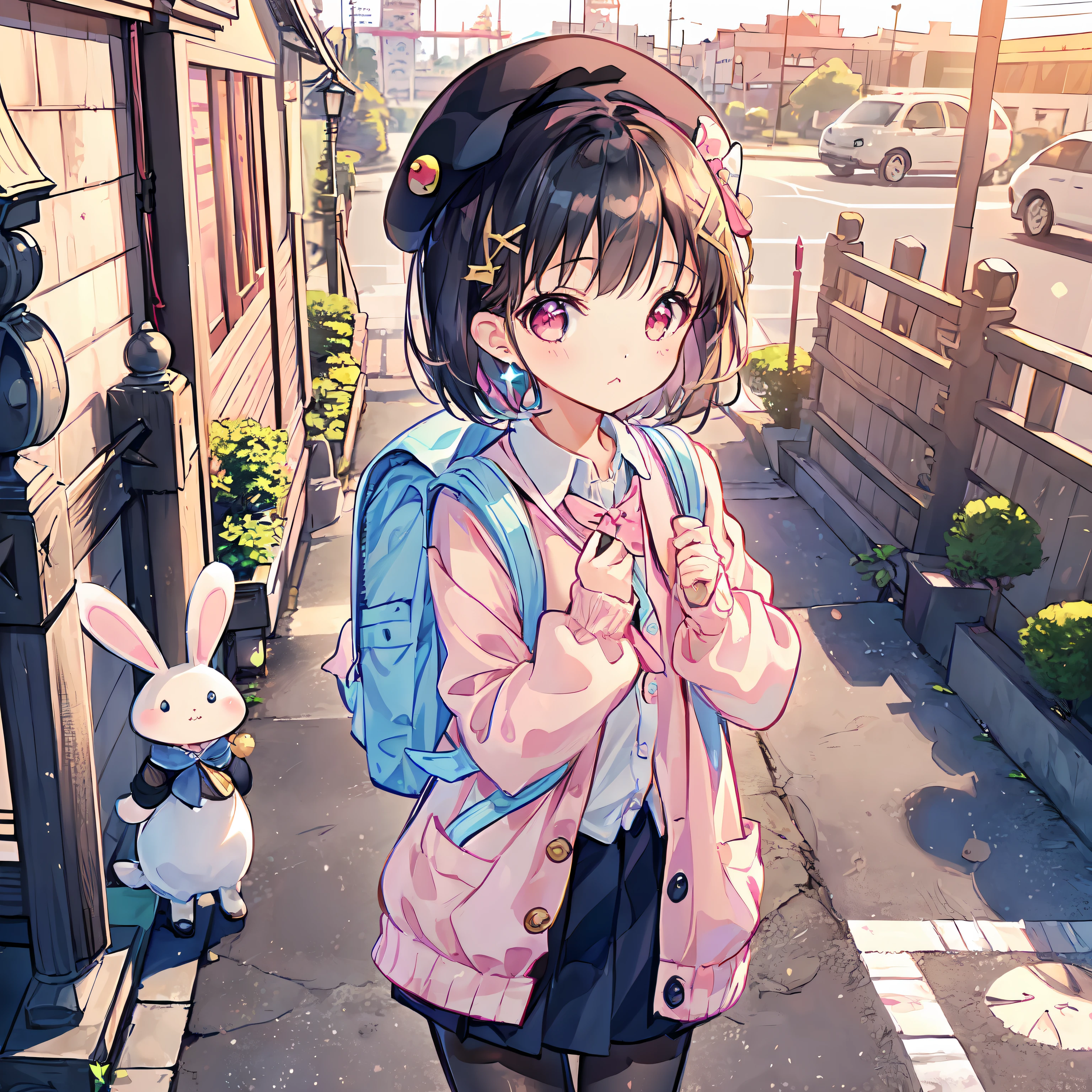 (Highly detailed CG Unity 8k wallpaper), (Best Quality), (Super Detail), (Best Illustration), (Best Shadow), POV, Realistic lighting and shading, Natural light, Lens flare effect, BREAK, 1 beautiful girl, Solo,(Cute:1.5),(Chibi:0.8), (kawaii:1.5),(Lori:0.5), BREAK, ((girl, Cute, Cheerful, Loli face, slightly bulging chest,(A dark-haired,Disheveled short bob,tareme:1.2), gleaming skin, Stuffed rabbit,BREAK,(rucksack:1.2), (white shirt,Pink cardigan, :1.2), (White rabbit ear headband:1.0), (Black sneakers:1.0), (jewely, brooches,star-shaped earring:1.1), (beret, X Hair ornament:1.3), (vertical-striped skirt, Striped pantyhose:1.1), (:c),BREAK,(Osaka,Background of Osaka Castle:1.3), (early morning,appointment:1.3),(outside of house:1.5),