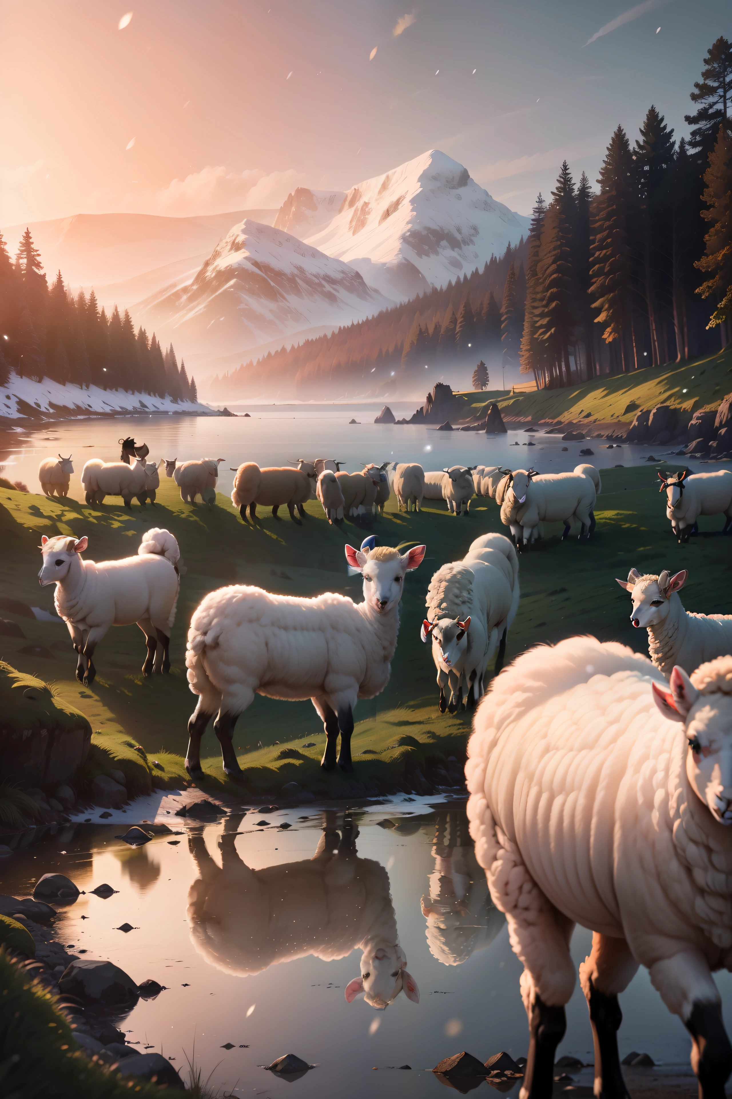 A large herd of regal red deers standing on a beach in English countryside looking away into the greenery in background, wide shot, subject : regal red deers, snowfall, snow covered mountains, rainbow in sky, England countryside landscape, overcast, candid photo, national geographic, cinematic, countryside, curious animals, English, sunset, beautiful landscape, vibrant sky, (((greenery))), (((wide shot))), wildlife, hyper realistic photo, 8k, high resolution, (((lambs))), clear faces, lamb fur, realistic