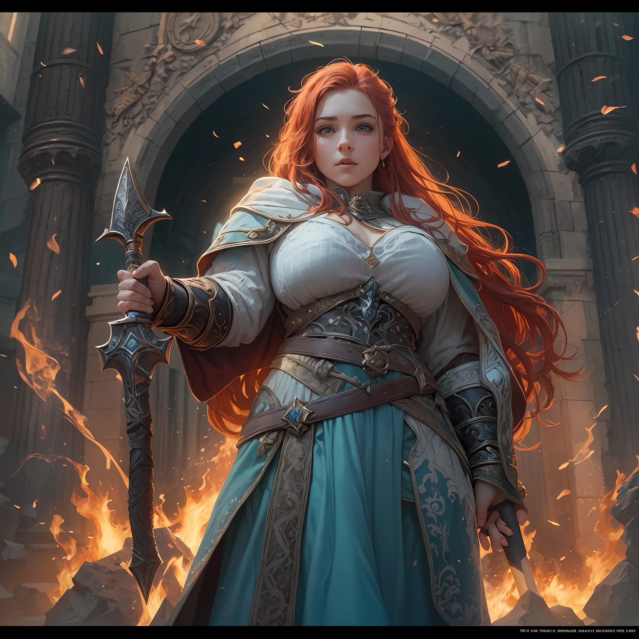 high details, best quality, 8k, [ultra detailed], masterpiece, best quality, (extremely detailed), dynamic angle, ultra wide shot, photorealistic, fantasy art, dnd art, rpg art, realistic art, an ultra wide picture of female dwarf cleric, holding axe, axe in flames, casting a spell, wearing heavy white armor (1.5 intese details, Masterpiece, best quality), blue cloak (1.5 intricate details, Masterpiece, best quality), holy symbol, blue light from symbol, red hair, intense eyes, green eyes, D&D female dwarf (1.5 intricate details, Masterpiece, best quality) fantasy temple background, celestial background, ((divine worship atmosphere)), high details, best quality, highres, ultra wide angle