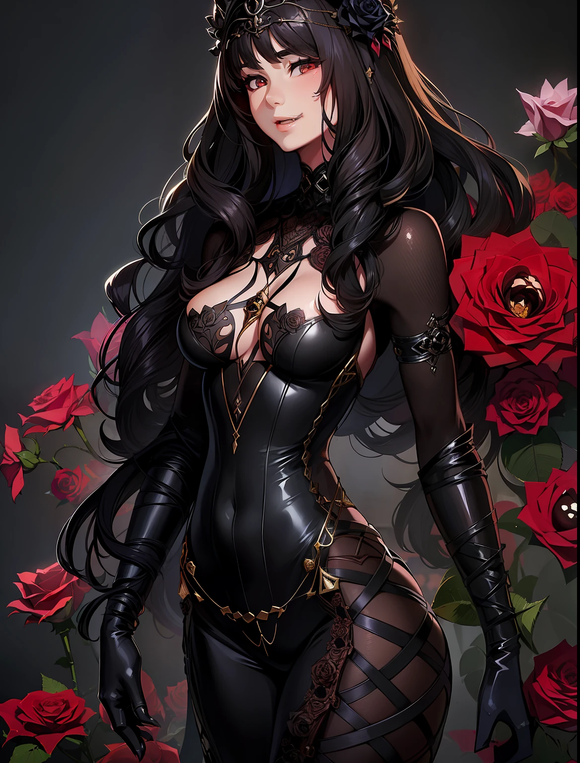 hightquality。Woman in black and brown permeable bodysuit。cool lady。Long gloves and boots。Ivy got tangled in her outfit。Black Rose。Sharp Tiara。Woman fused with rose flowers。Thorny costume。Ivy with spines。Black Long Hair。futuristic background。Provocative smile。Roses peeling fangs。