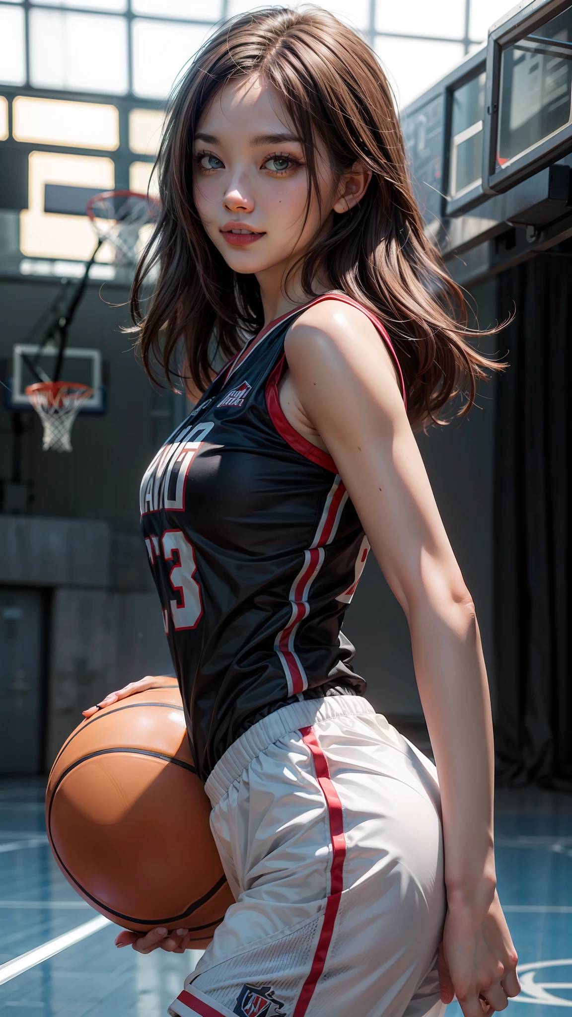 （8k，best qualtiy，tmasterpiece：1.2），（realisticlying，realisticlying：1.37），ultra - detailed，best qualtiy，超高分辨率，profesional lighting，photon maping，Radio City，physically-based renderingt，cinmatic lighting，basketball playground,depth of fields,Clear focus,rays of sunshine,Good composition,(bokeh:1.2) 1girl,solo,(full bodyesbian),(grin),(basketball ball),美丽细致的眼睛,???? poses,a narrow waist,basketball suit,brunette color hair,messy  hair,Long hair flutters in the wind，(ulzzang-6500:1.2)