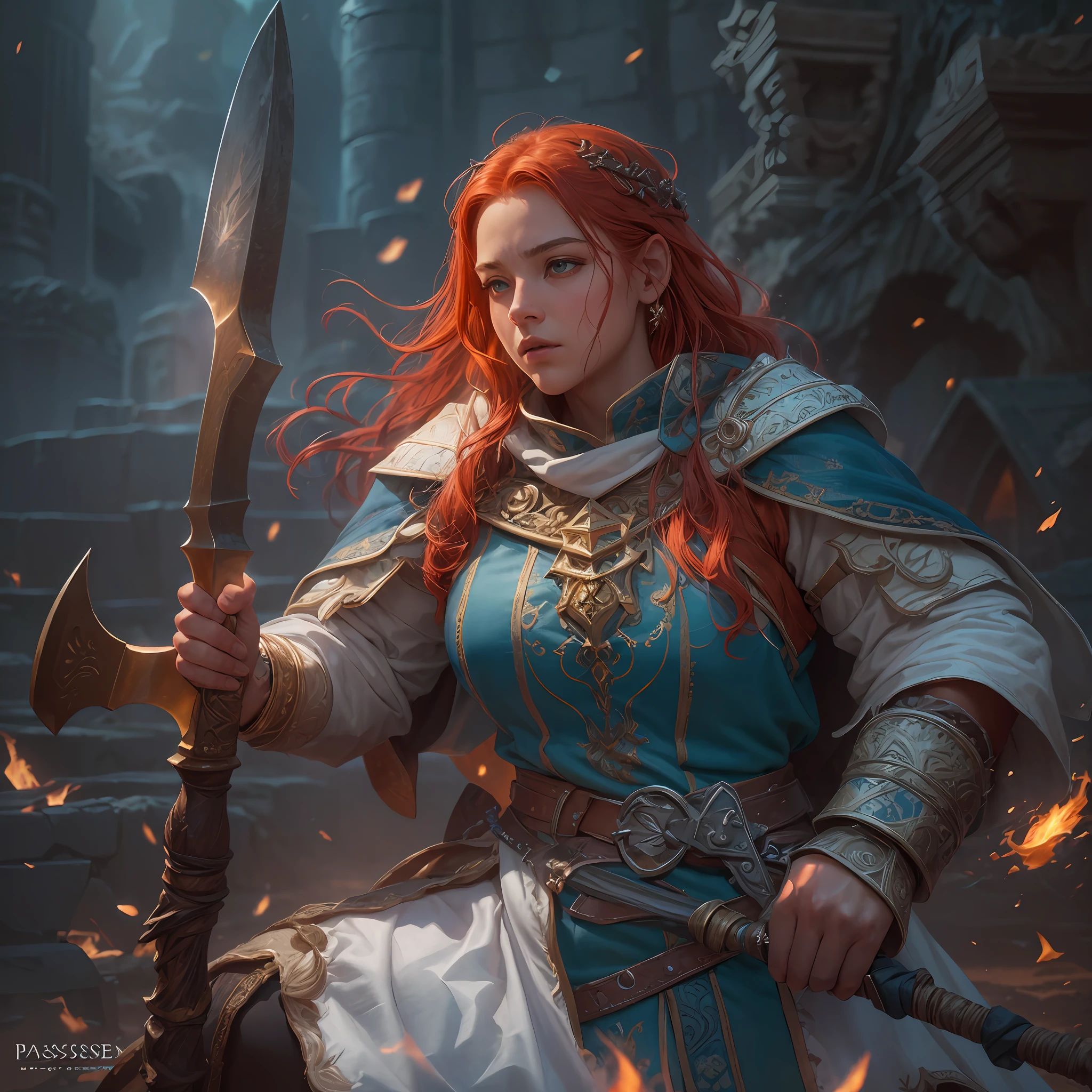 high details, best quality, 8k, [ultra detailed], masterpiece, best quality, (extremely detailed), dynamic angle, ultra wide shot, photorealistic, fantasy art, dnd art, rpg art, realistic art, an ultra wide picture of female dwarf cleric, holding axe, axe in flames, casting a spell, wearing heavy white armor (1.5 intese details, Masterpiece, best quality), blue cloak (1.5 intricate details, Masterpiece, best quality), holy symbol, blue light from symbol, red hair, intense eyes, green eyes, D&D female dwarf (1.5 intricate details, Masterpiece, best quality) fantasy temple background, celestial background, ((divine worship atmosphere)), high details, best quality, highres, ultra wide angle
