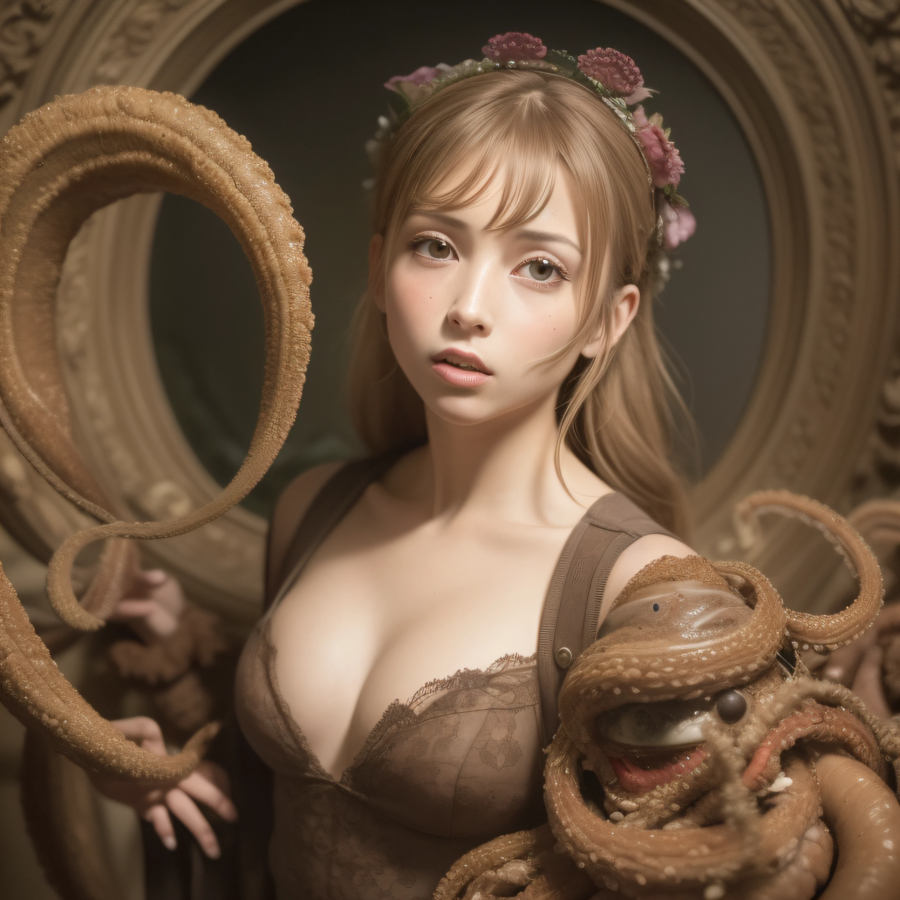 (extremadamente detallado, obra maestra, La mejor calidad), Estilo oscuro, intense illumination, rostro con arrugas, lengua larga, tentacle, deforme, monstruoso, un anciano con Colmillos finos, amenazante. Rococo composition. Luz de caravaggio
