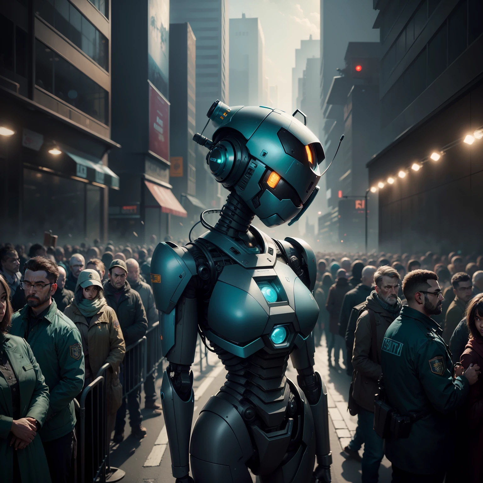 (extremely detailed crowd scenes, atmospheric portraits, dark teal, city portraits) (matte painting style) (robot with open AI brain in line for security)