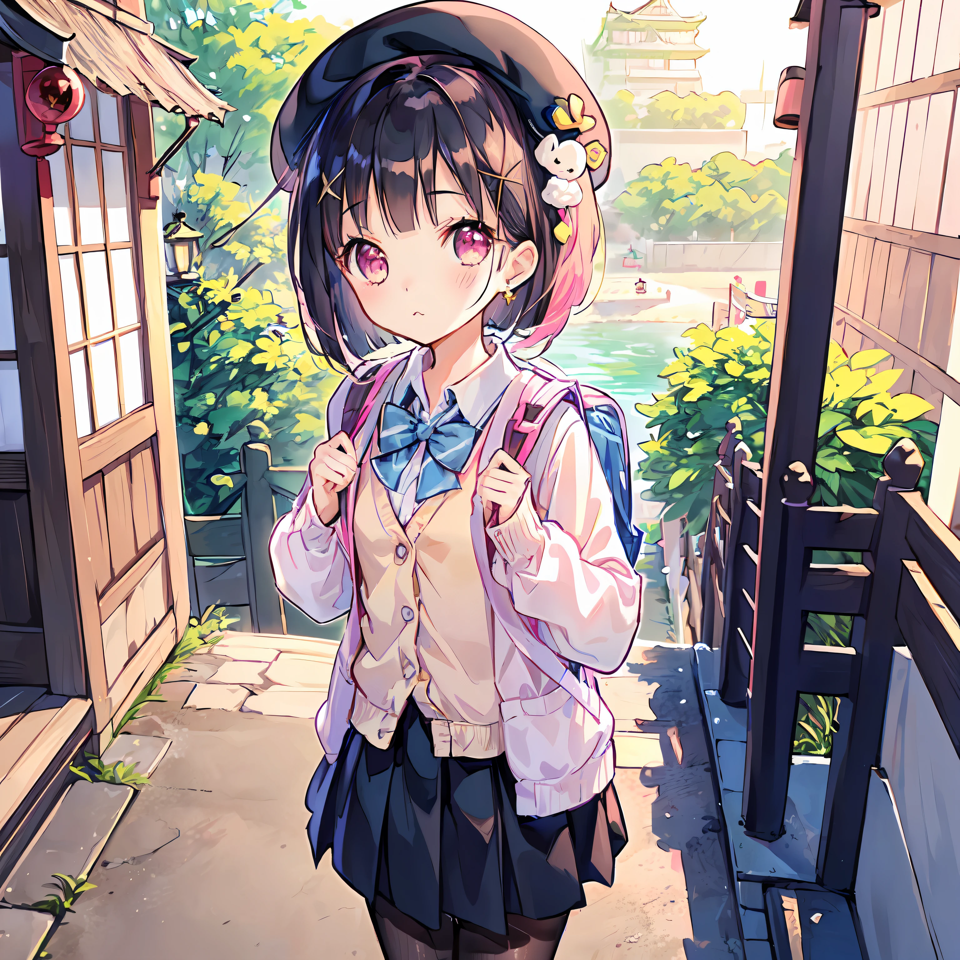 (Highly detailed CG Unity 8k wallpaper), (Best Quality), (Super Detail), (Best Illustration), (Best Shadow), POV, Realistic lighting and shading, Natural light, Lens flare effect, BREAK, 1 beautiful girl, Solo,(Cute:1.5),(Chibi:0.8), (kawaii:1.5),(Lori:0.5), BREAK, ((girl, Cute, Cheerful, Loli face, slightly bulging chest,(A dark-haired,Disheveled short bob,tareme:1.2), gleaming skin, Stuffed rabbit,BREAK,(rucksack:1.2), (white  shirt,Pink cardigan, :1.2), (White rabbit ear headband:1.0), (Black sneakers:1.0), (jewely, brooches,star-shaped earring:1.1), (beret, X Hair ornament:1.3), (vertical-striped skirt, Striped pantyhose:1.1), (:c),BREAK,(Osaka,Background of Osaka Castle:1.3), (early morning,appointment:1.3),(outside of house:1.5),