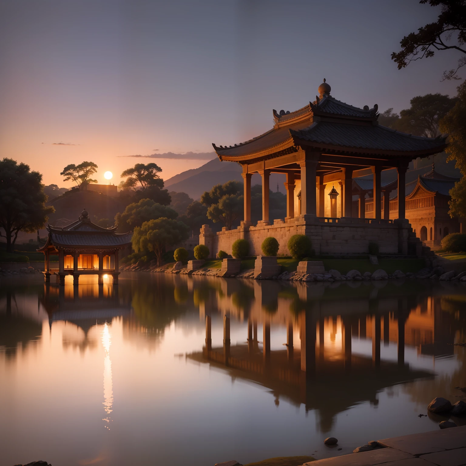 "Ancient city by the water,Amazing river view,with an antique feel,Stone、Ancient Pavilion、Boat,Reflection in the setting sun,As night fell,Illuminated night view,Quiet and tranquil atmosphere,Picturesque scene。"