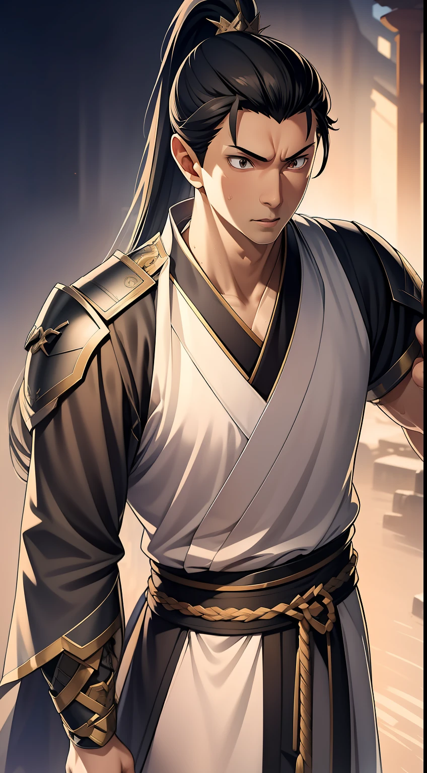 quadratic element,style of anime,mtu(Male Warrior),The proportions are correct,Face details,swordsmen,High ponytail hairstyle,Neck details,There is an Adam's apple,Black Hanfu,kaftan,Embroidered robes,Black robe,clothes details,Handing over,longer sleeves,Game quality,Swordsmanship,Light and shadow tracking,Ray traching,detailed glow,cg render,hair detail,long white hair,Black eyes,Handsome,Handsome,(juvenile sense),Clothing is complicated,Perfectcomposition,Refinement,high qulity,higher details,Lots of details,The background is complex,a sense of atmosphere,
