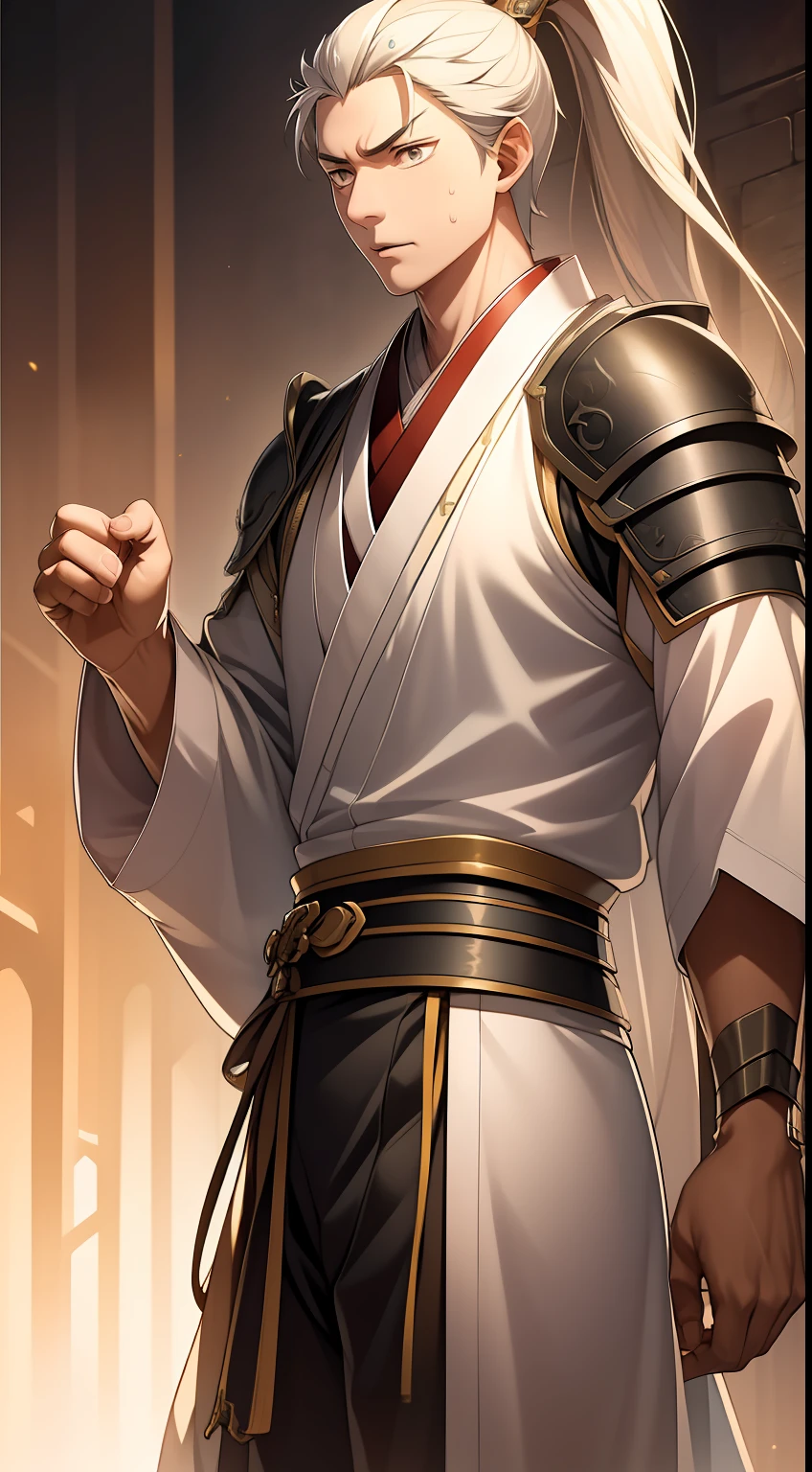 quadratic element,style of anime,mtu(Male Warrior),The proportions are correct,Face details,swordsmen,High ponytail hairstyle,Neck details,There is an Adam's apple,Black Hanfu,kaftan,Embroidered robes,Black robe,clothes details,Handing over,longer sleeves,Game quality,Swordsmanship,Light and shadow tracking,Ray traching,detailed glow,cg render,hair detail,long white hair,Black eyes,Handsome,Handsome,(juvenile sense),Clothing is complicated,Perfectcomposition,Refinement,high qulity,higher details,Lots of details,The background is complex,a sense of atmosphere,