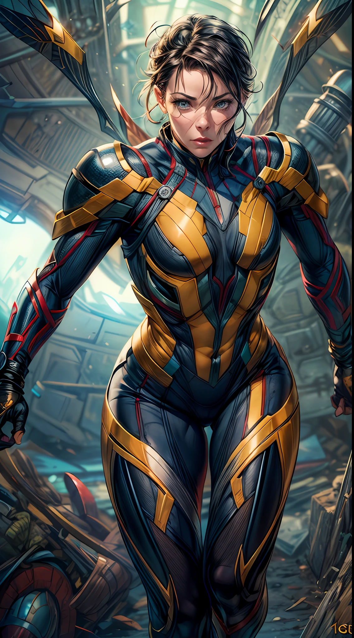 (RAW Photo, Best Quality), (Realistic, Photorealistic Photo: 1.3), Best Quality, Highly Detailed, Masterpiece, Ultra Detailed, Illustration, marvel cinematic universe, marvel, Evangeline Lilly, Beautiful Princess Hope Van Dyne, the Wasp, showcases her shrinking and flight abilities with elegance and finesse, background should be epic, upper body, high detail on dress, Best Quality, Extremely Detailed CG Unified 8k Wallpaper, Ink, Amazing, badass look, portrait, close up (skin texture), intricately detailed, fine details, hyperdetailed.