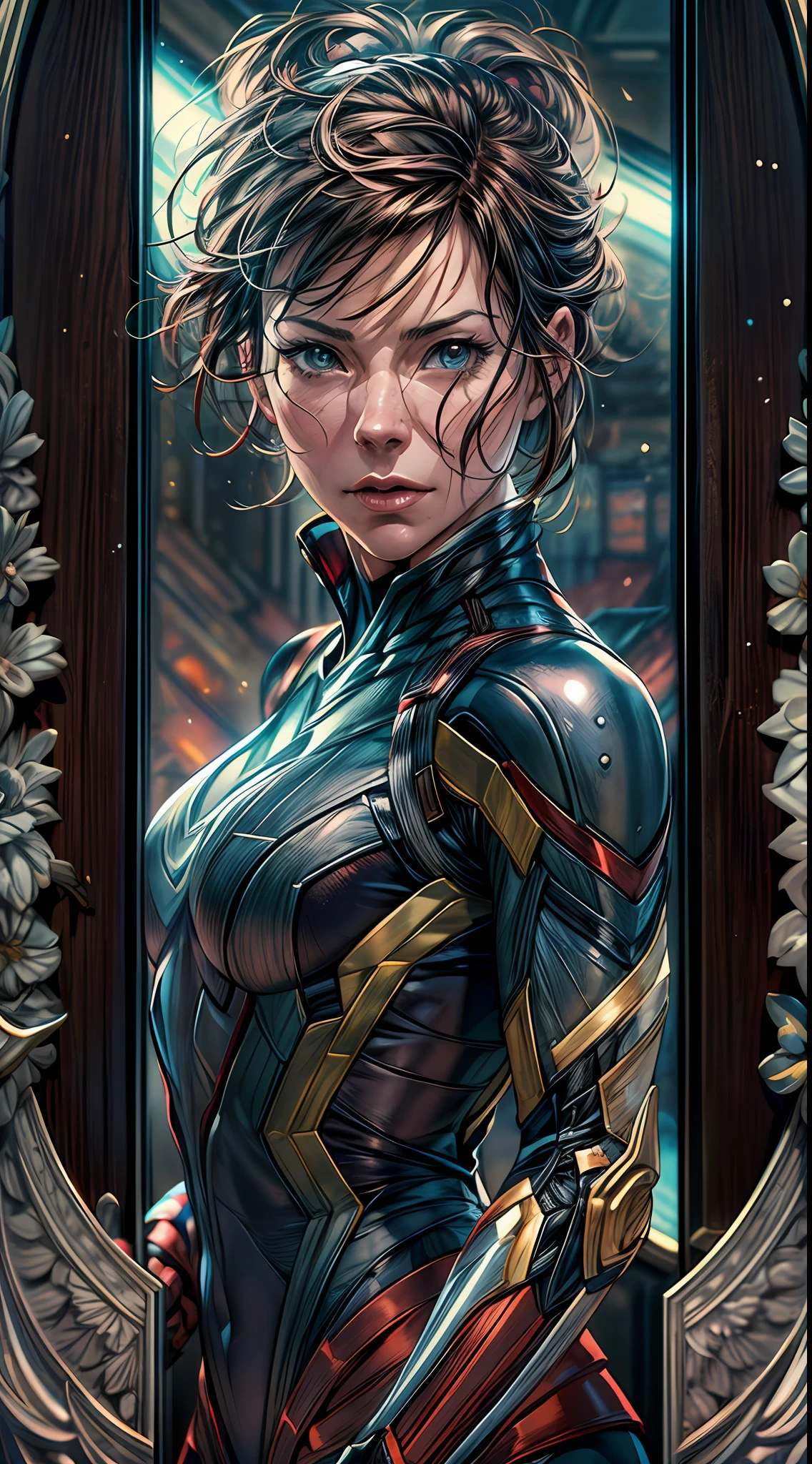 (RAW Photo, Best Quality), (Realistic, Photorealistic Photo: 1.3), Best Quality, Highly Detailed, Masterpiece, Ultra Detailed, Illustration, marvel cinematic universe, marvel, Evangeline Lilly, Beautiful Princess Hope Van Dyne, the Wasp, showcases her shrinking and flight abilities with elegance and finesse, background should be epic, upper body, high detail on dress, Best Quality, Extremely Detailed CG Unified 8k Wallpaper, Ink, Amazing, badass look, portrait, close up (skin texture), intricately detailed, fine details, hyperdetailed.