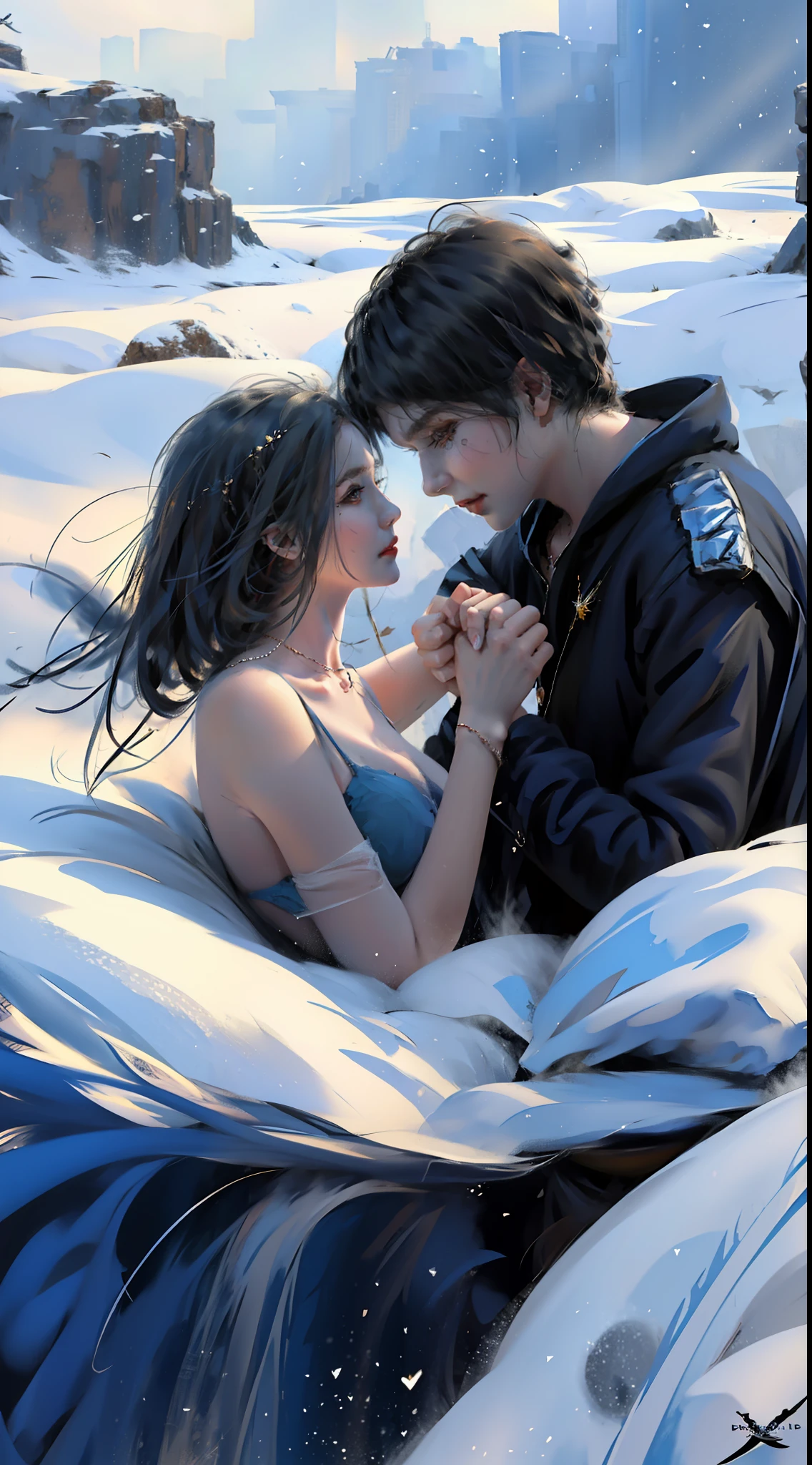 Picture of a straight couple holding hands looking at each other on a cold mountain, sharp facial features of the couple, love story
