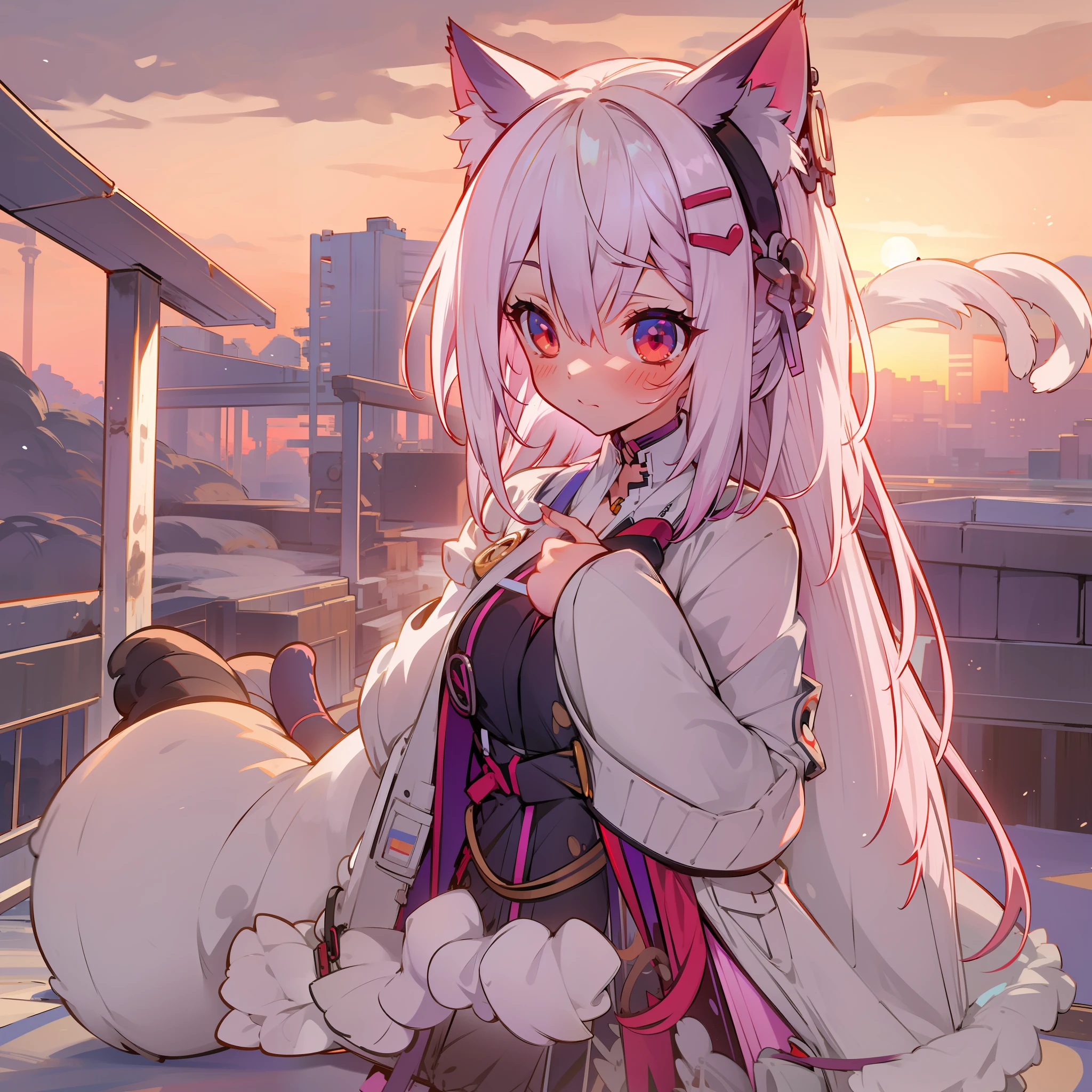 cat ears tail white hair red eyes full body photo sunset