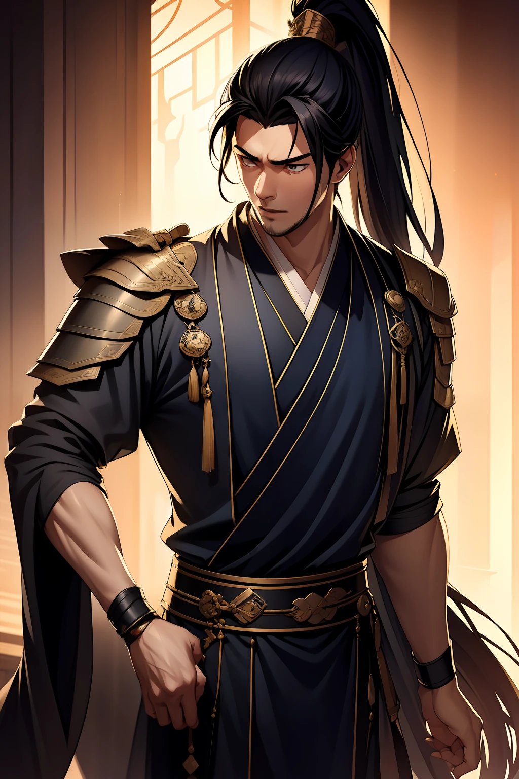 quadratic element,style of anime,mtu(Male Warrior),The proportions are correct,Face details,swordsmen,High ponytail hairstyle,Neck details,There is an Adam's apple,Black Hanfu,kaftan,Embroidered robes,Black robe,clothes details,Handing over,longer sleeves,Game quality,Swordsmanship,Light and shadow tracking,Ray traching,detailed glow,cg render,hair detail,cabelos preto e longos,Black eyes,Handsome,Handsome,(juvenile sense),Clothing is complicated,Perfectcomposition,Refinement,high qulity,higher details,Lots of details,The background is complex,a sense of atmosphere,