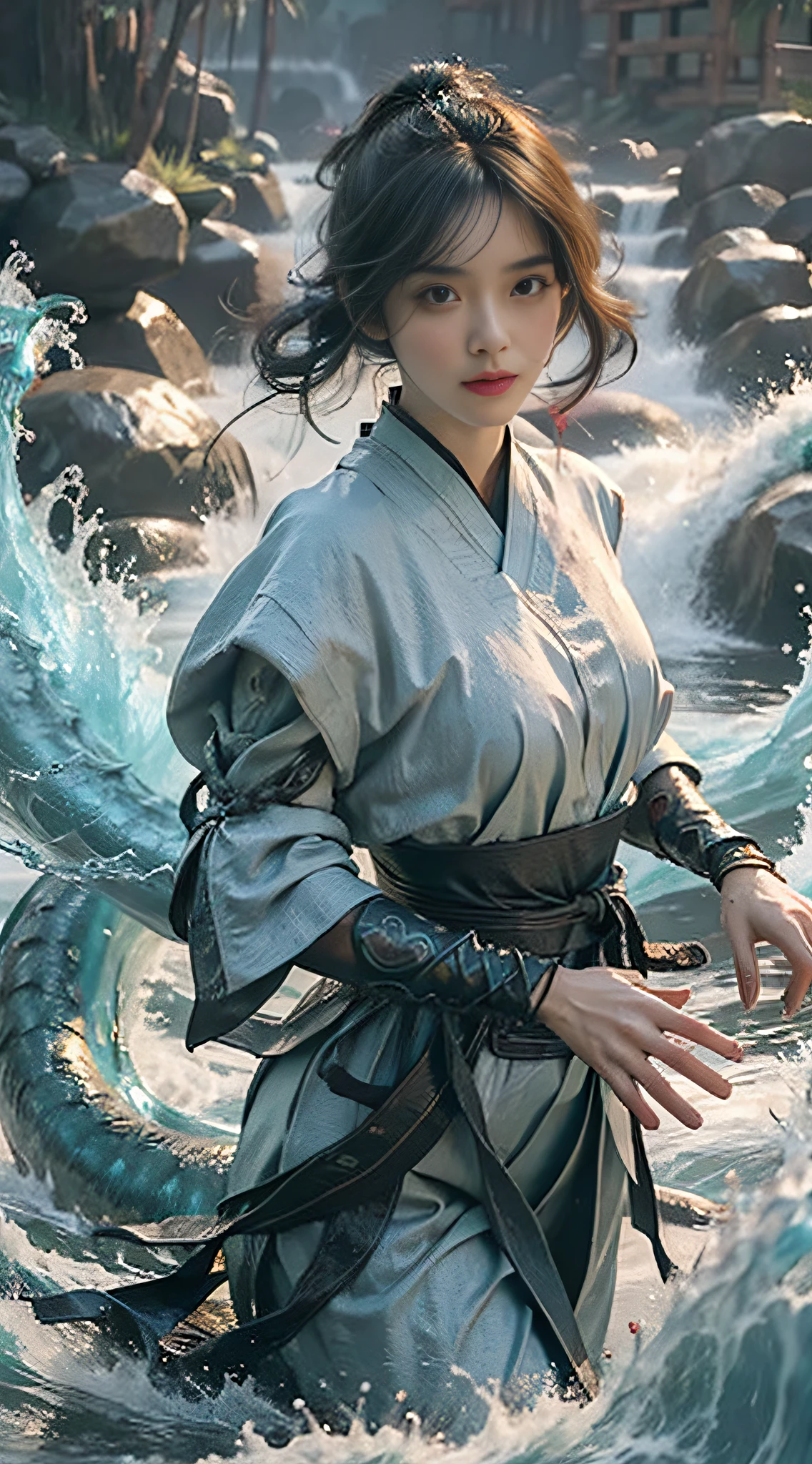 Masterpiece,best qualtiy,超高分辨率,Realistic,(Fidelity:1.4),cinematic movie,film effect,Perfect lighting effects,1girll,beautifulface,Skin details,(realistic hand:1.4),(1girll:1.4),full bodyesbian,water,Yushui,Waves,Water full of energy,Ultimate water detail,(handheldweapons:1.2),(daggers:1.2),water dragon,(rainbow-candy:0.7),(style-swirlmagic:0.7)