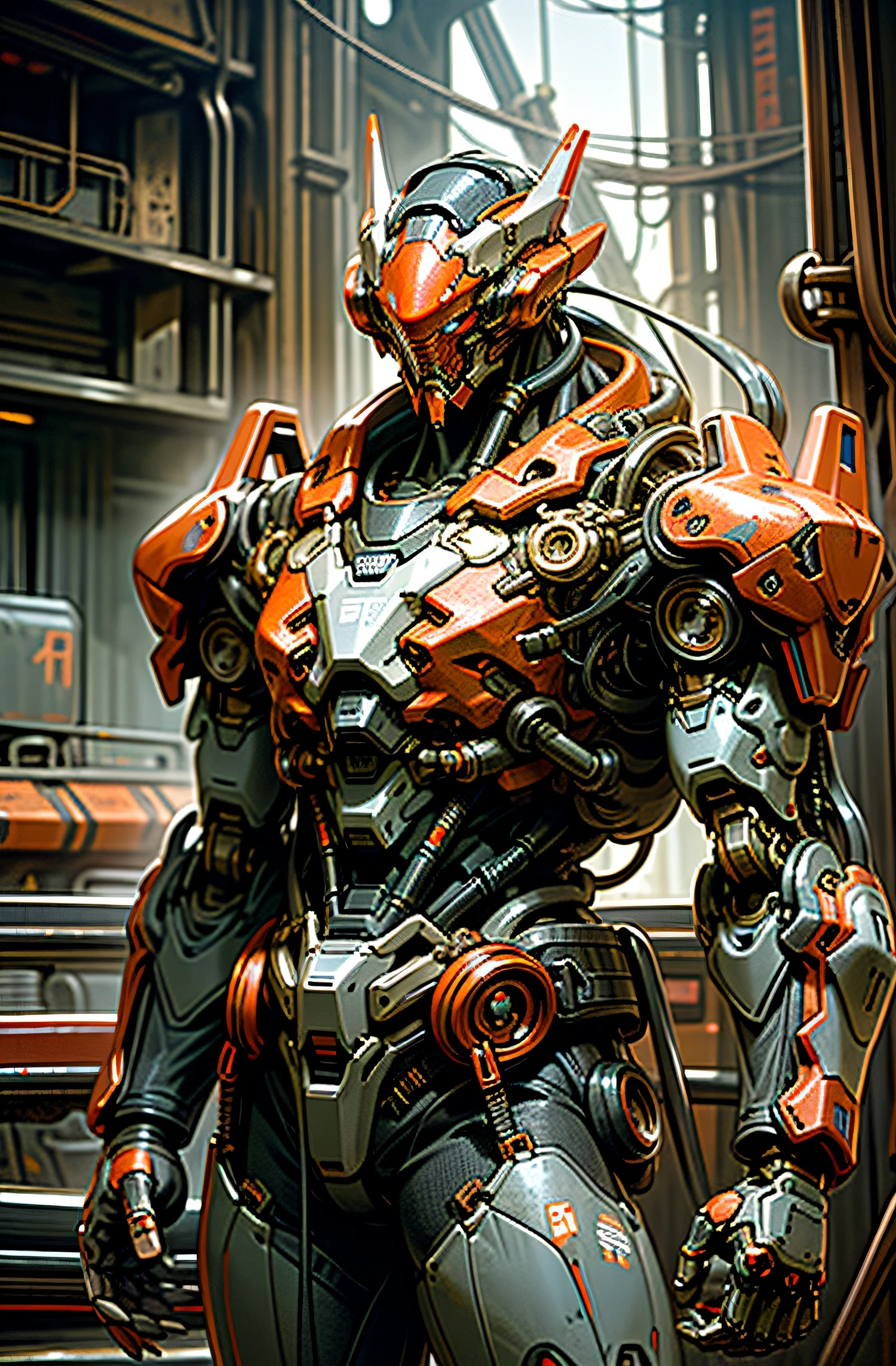 Dark_Fantasy,Cyberpunk,(chain saw,chain saw man,Red:1.1),1man,Mechanical marvel,Robotic presence,Cybernetic guardian, wearing a worn-out mech suit, intricate, (steel metal [rusty]), elegant, clear focus, shot by greg rutkowski, soft lighting, vibrant colors, masterpiece, ((street)), cowboy shot, dynamic pose,