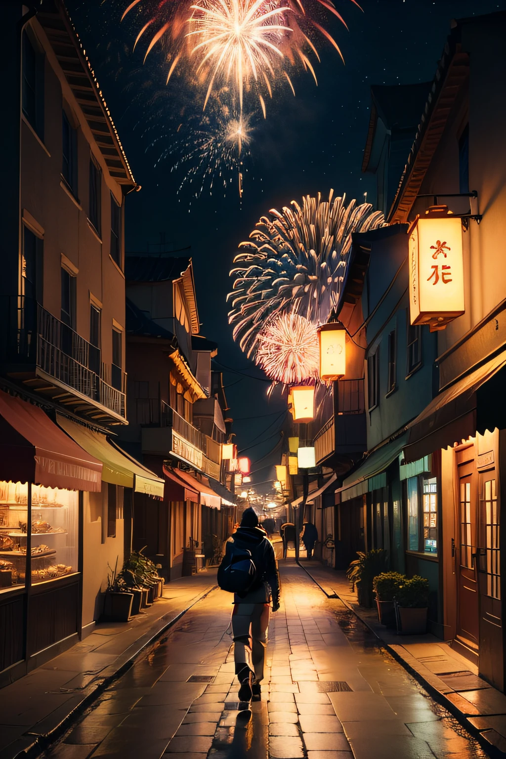 Walking alone on the street，Next to it is a lantern with colorful lights，High up are fireworks shining in the sky
